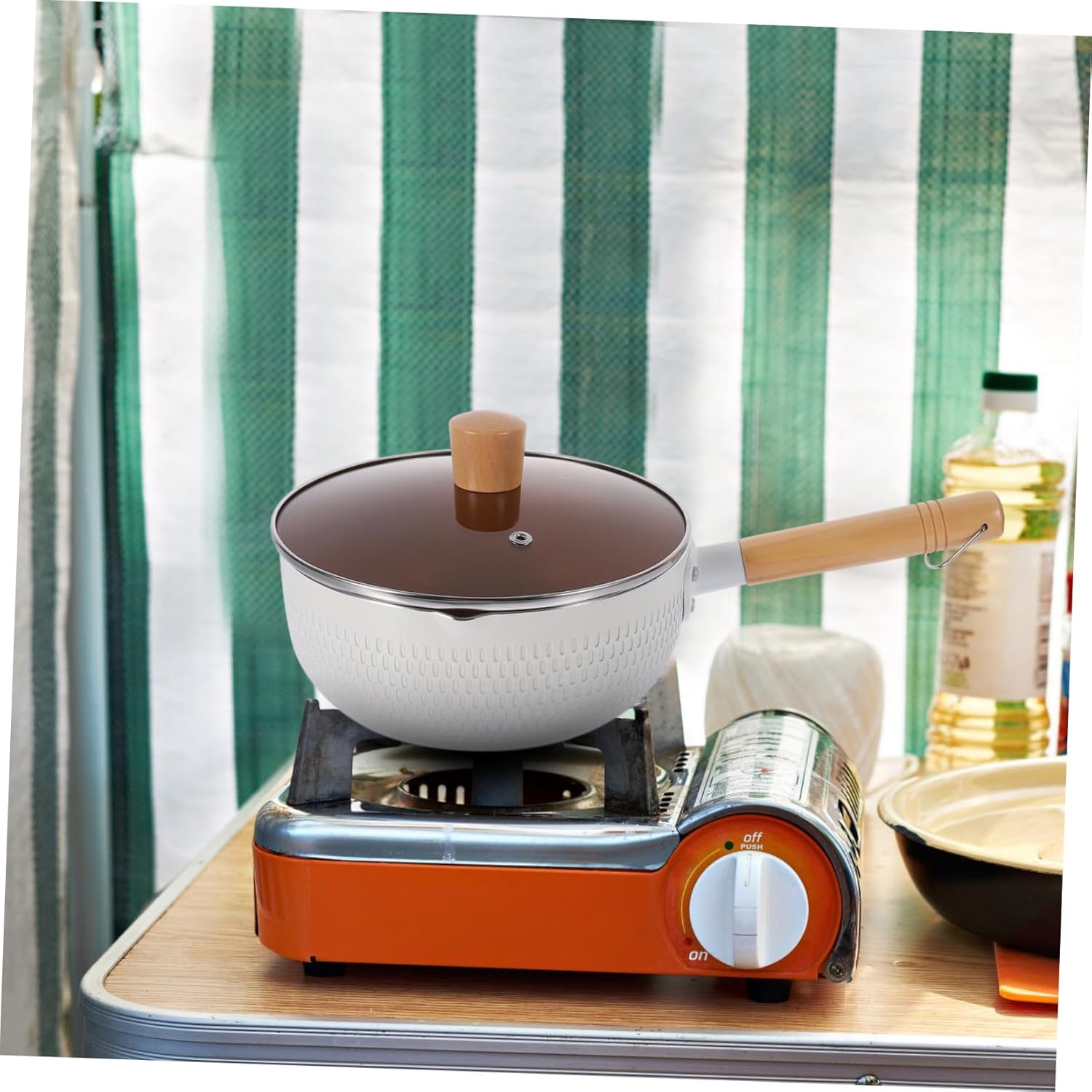 GLEAVI 1set Nonstick Saucepan with Lid Japanese Coated Noodle Pot for Home Cooking Ergonomic Wooden Handle Easy Clean Kitchen Essential