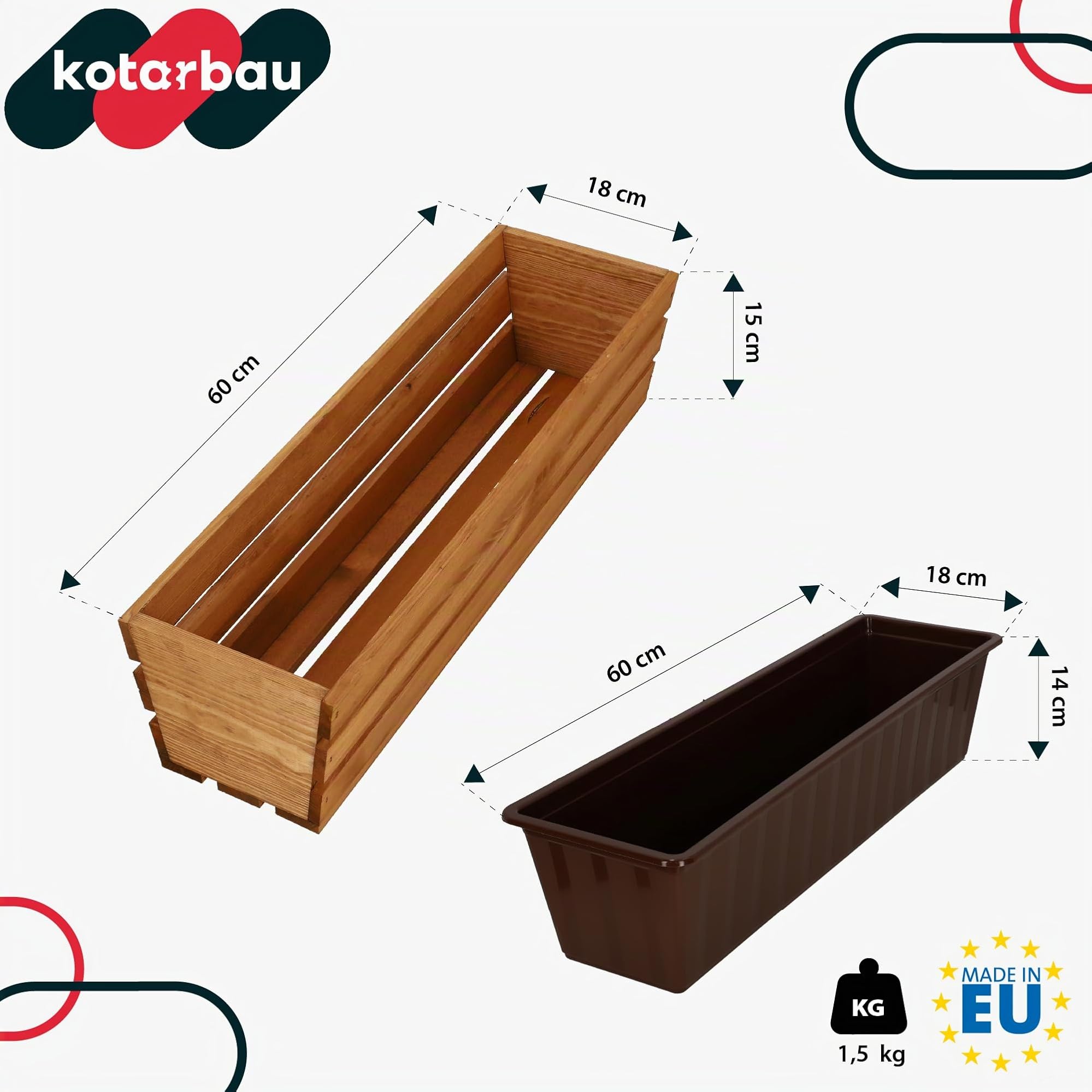 KOTARBAU® Blumenkasten für Balkon, Balkonkasten mit Kunststoffeinsatz | 3er Set, Pflanzkasten, 60 x 18 x 15 cm, Blumentopf, Kräutertopf aus Kiefernholz für Terrasse, Balkon Deko, Eiche