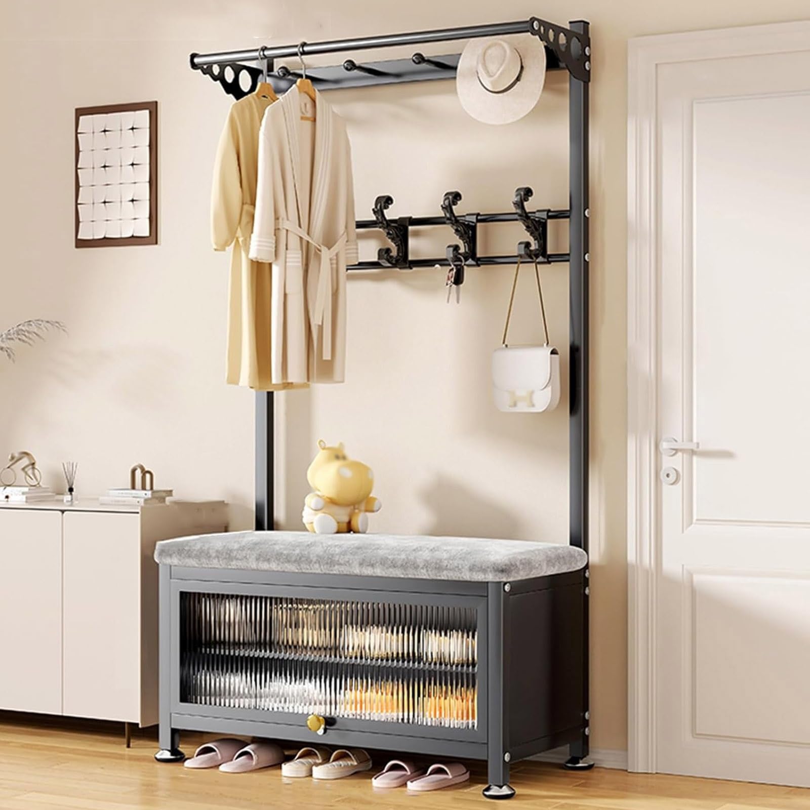 Banc d'entrée noir 60 cm avec porte-manteau intégré et étagère à chaussures