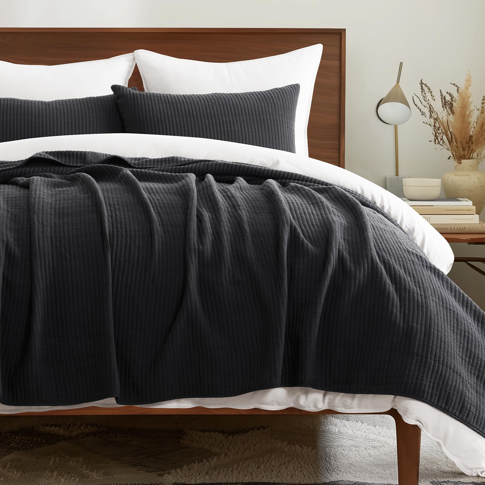 EverGrace Cotton Ribbed Matelassé Coverlet Set, Queen, Washed Black