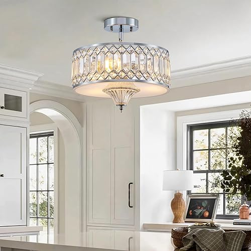Miniatura 9 de peskoe Modern Crystal Ceiling Light Fixture, 3-Light Chandelier Crystal for Bedroom Living Dining Room Kitchen, Round Chrome Drum Ceiling Lamp, 13