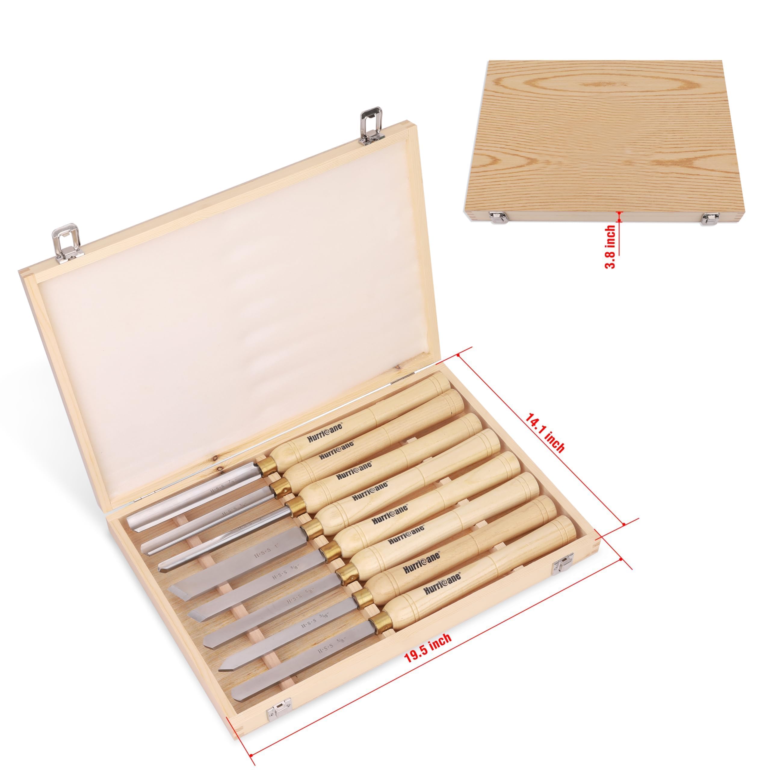HURRICANE Juego de cinceles para torno de madera, 8 piezas HSS herramientas de torneado de torno de madera, herramientas de torno para carpintería con caja de madera