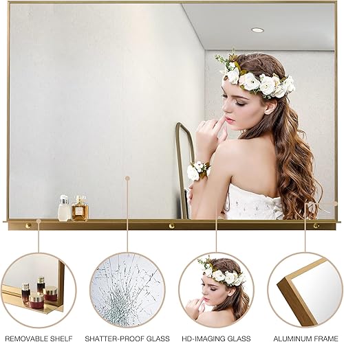 Miniatura 2 de PetusHouse - Espejos rectangulares dorados enmarcados de 48 x 32 pulgadas con estante extraíble, espejo de pared moderno para baño, dormitorio, sala