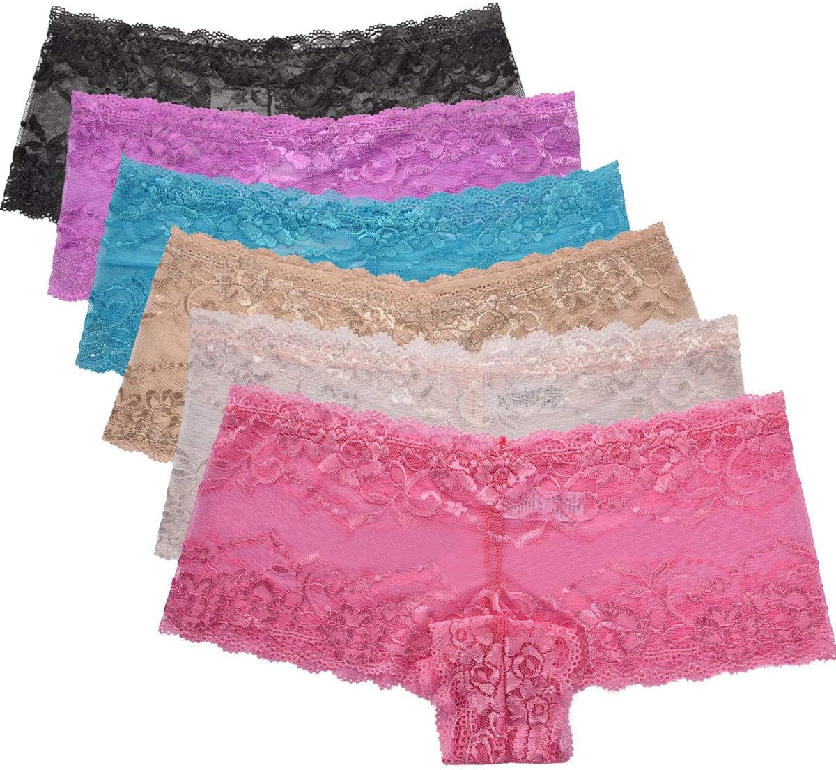 Plus Size Lace Panties Underwear for Women Boyshorts Sexy Lingerie Sheer Cheeky Tanga Hipster 6 Pack Soft Comfort Floral Lace Hem Trim Big Woman Booty Boy Shorts Low Waist Panty Size 3XL