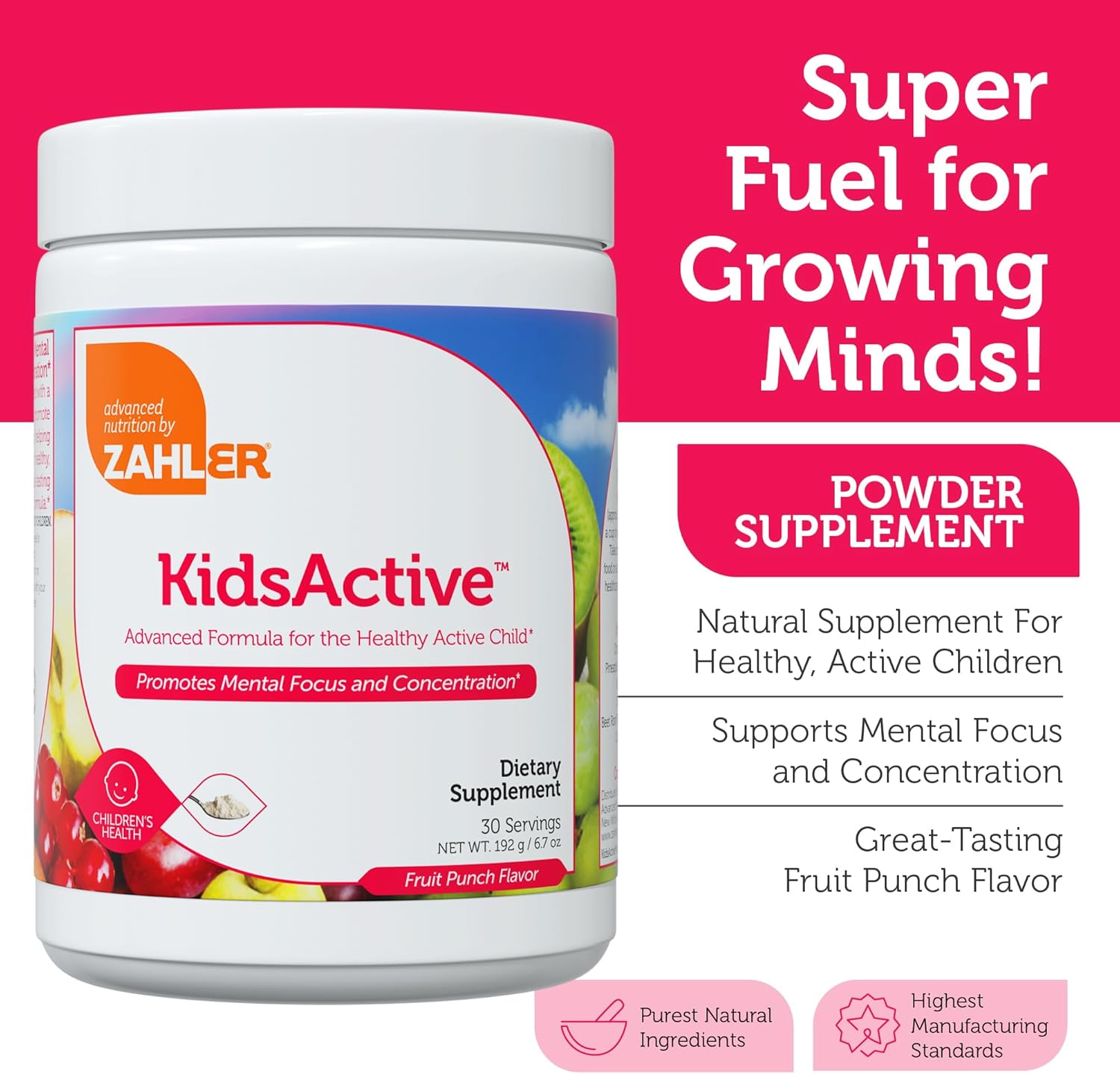 Zahler KidsActive, Kids Concentration Formula Powder, All Natural Children’s Supplement Supporting Focus, Certified Kosher, 30 Servings Fruit Punch Flavored Powder