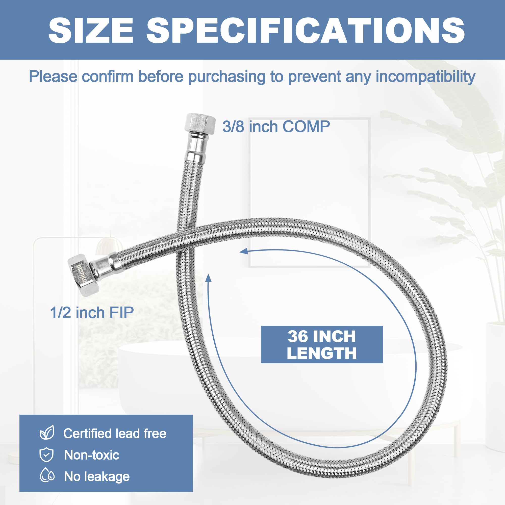 [Paquete de 10 líneas de suministro de grifo COMP de 36 pulgadas] 1/2 pulgada FIP x 3/8 pulgadas, conector de manguera de grifo de baño, línea de suministro de agua trenzada de acero inoxidable