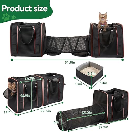 Miniatura 2 de Transportador expandible para gatos con 2 cajas de arena para 2 gatos, 32 x 17 x 12 pulgadas, transportador de viaje doble para gatos y perros de