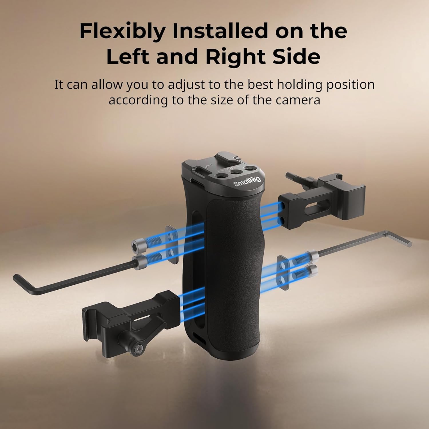 SmallRig Mini NATO Side Handle 4840 being installed on a camera cage, showing the flexible left and right side installation