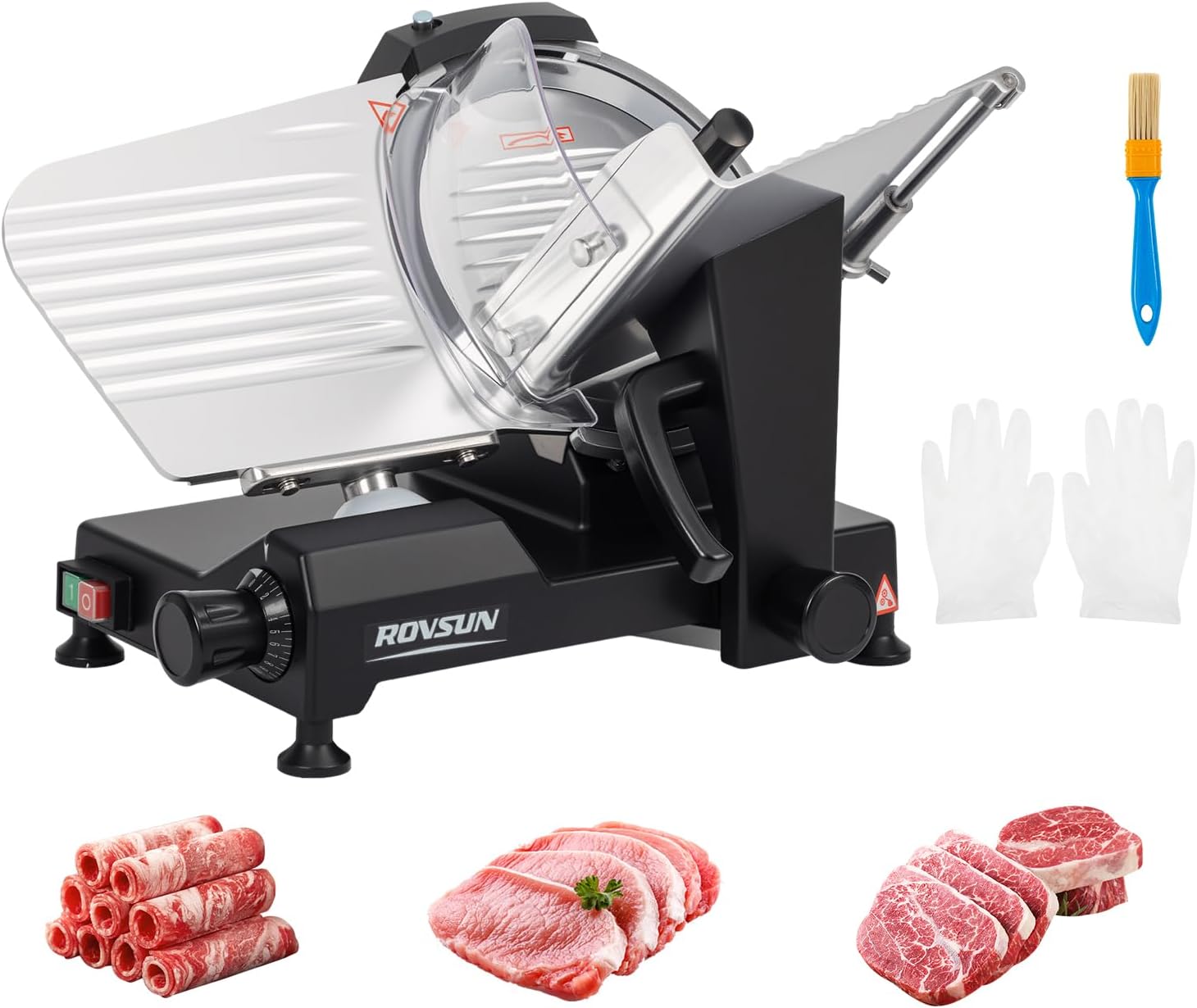 ROVSUN 10inch Commercial Meat Slicer, 300W Electric Deli Food Slicer with Premium Chromium-plated Steel Blade, 0-12 inch Adjustable Thickness, ETL Certified for Frozen Meat Ham Baguett Steak, Black