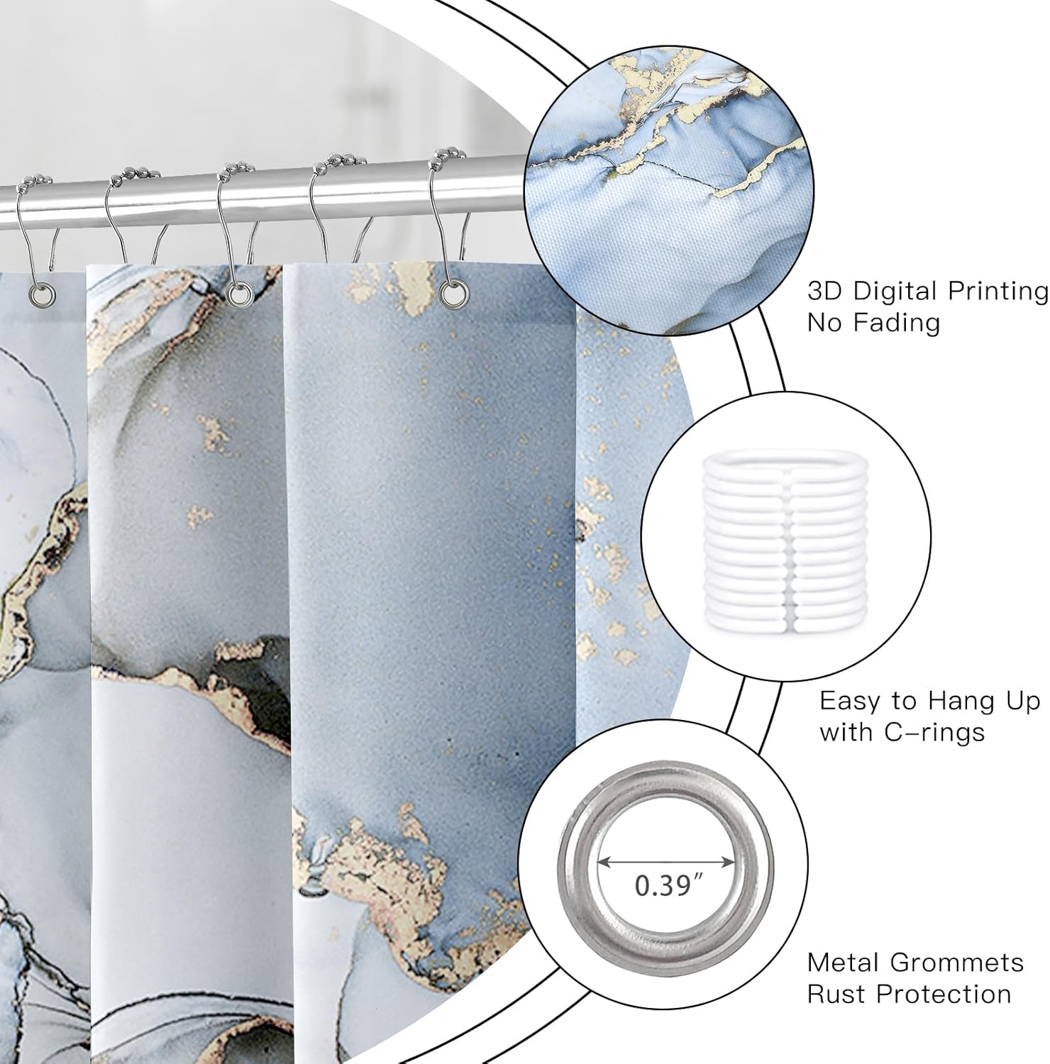 Long Shower Curtain 72 x 78 Inch, Tall Abstract Marble for Bathroom, Light Blue Gold Modern Luxury Art Decor Ink Texture Fabric Shower Curtain Set with Hooks