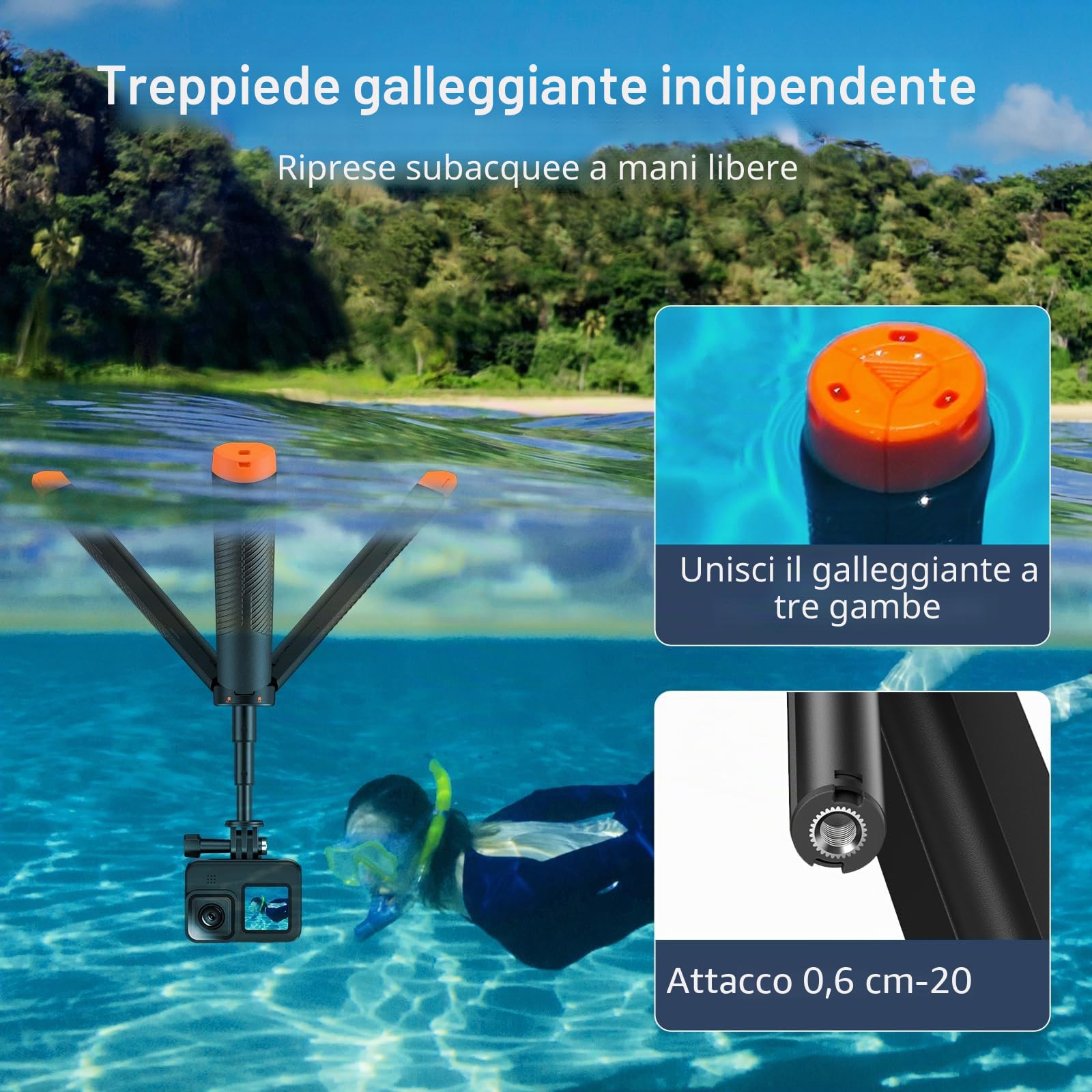 Galleggiante Monopiede Grip mano Treppiede impermeabile estensibile Selfie Monopiede per Go Pro Hero 13,12, 11, 10, 9, 8, 7, 6, 5, 4, 3, DJI Action 5 Pro 4/3, Videocamera d'azione