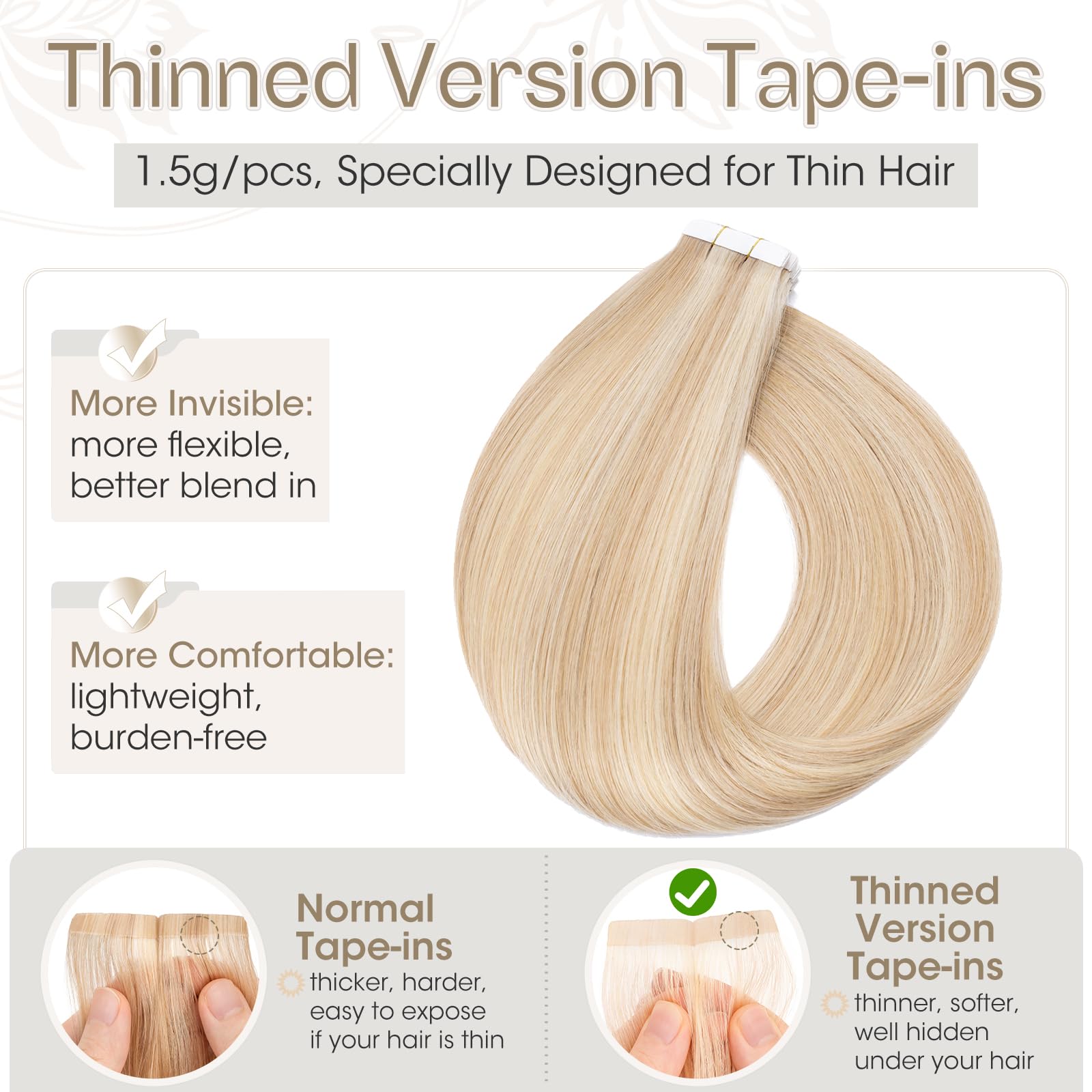 Elailite Tape in Hair Extensions Human Hair Real Human Hair 10 Pcs Invisible Thin Type - Image 2