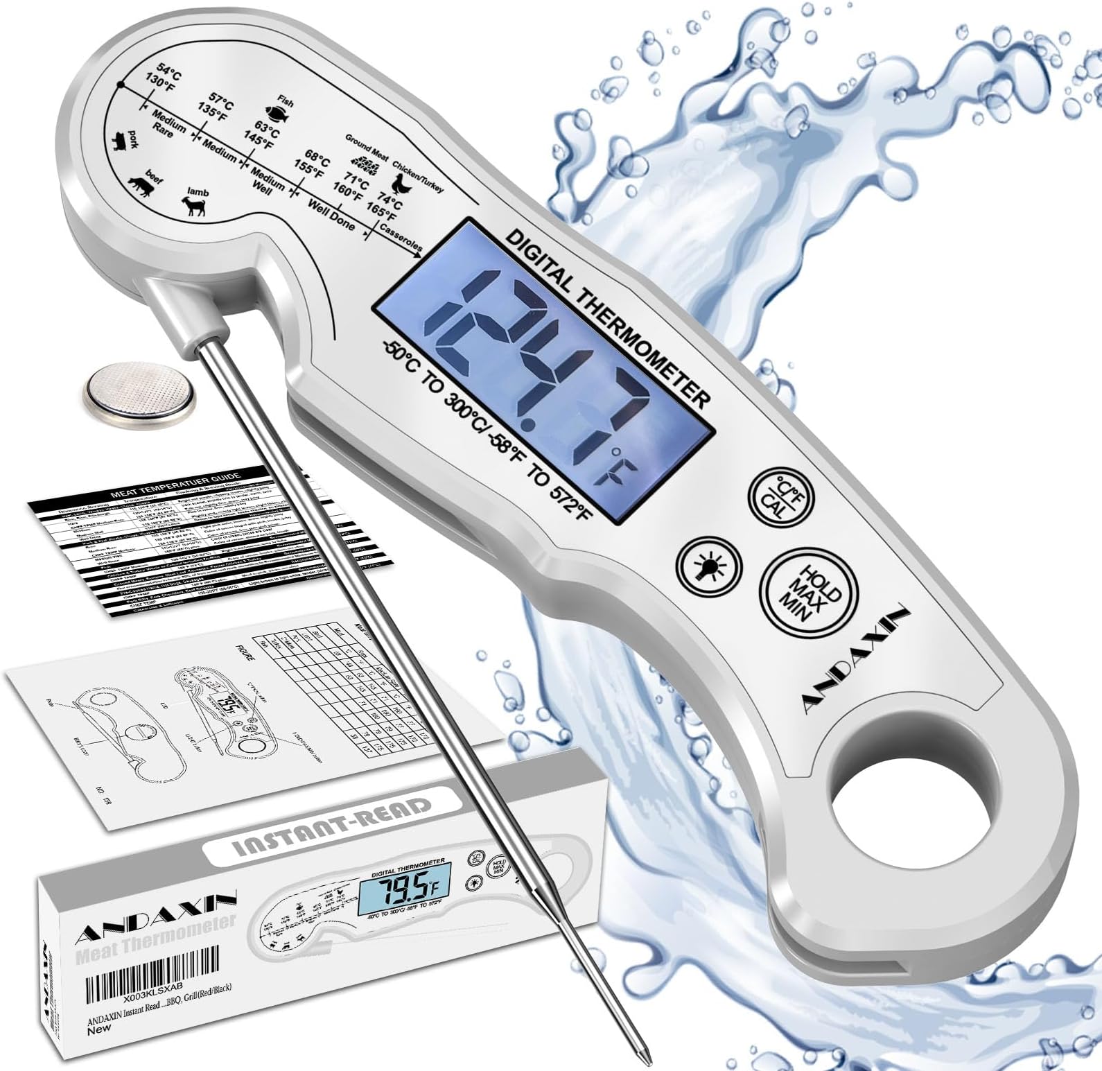 Meat Thermometer Digital - Fast Instant Read Food Thermometer for Cooking, Candy, Outside Grill, and Roast, Digital Food Thermometer with Backlight LCD & Calibration - Grey/Silver