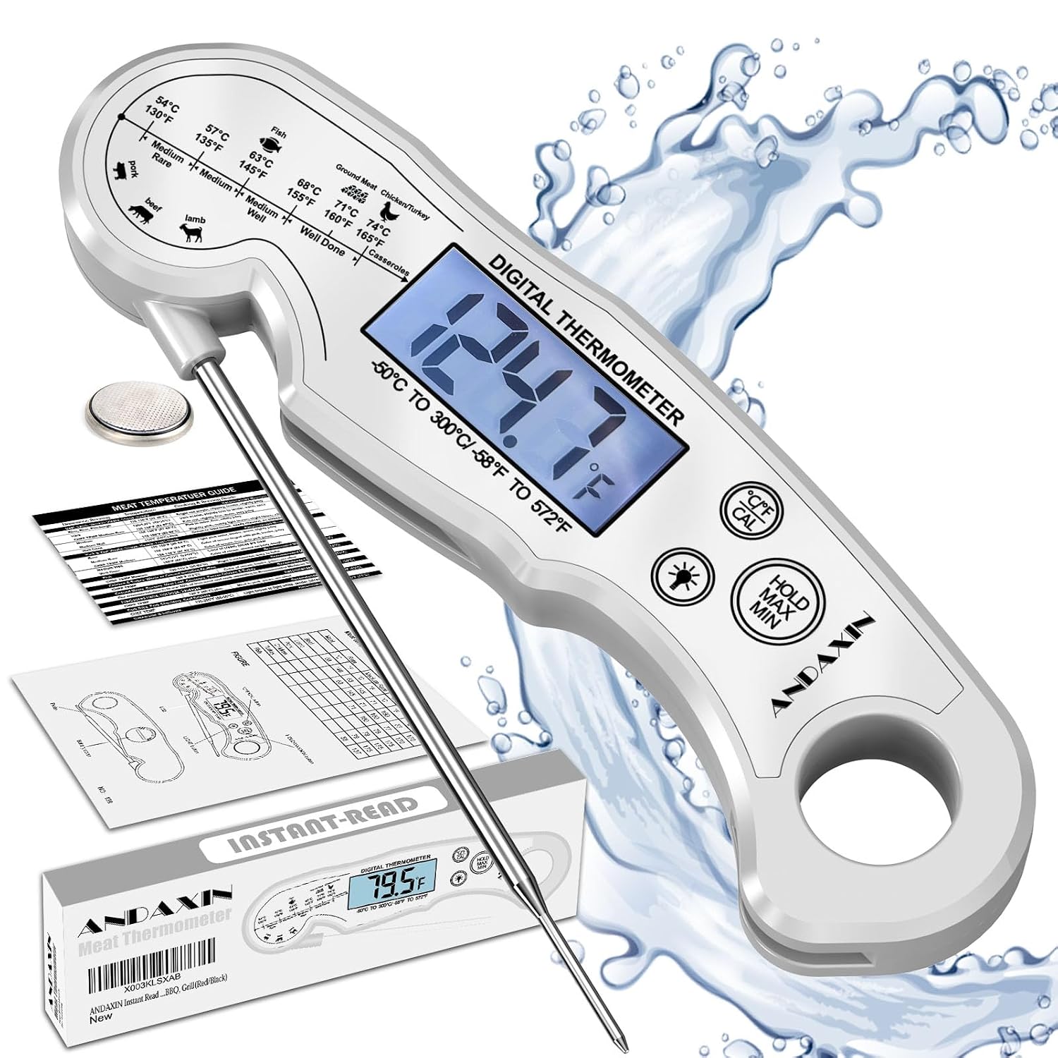 Meat Thermometer Digital for Grilling and Cooking - ANDAXIN Waterproof Ultra-Fast Instant Read Food thermometers with Backlight & Calibration for Kitchen, Deep Fry, BBQ, Grill(Red/Black), LCD