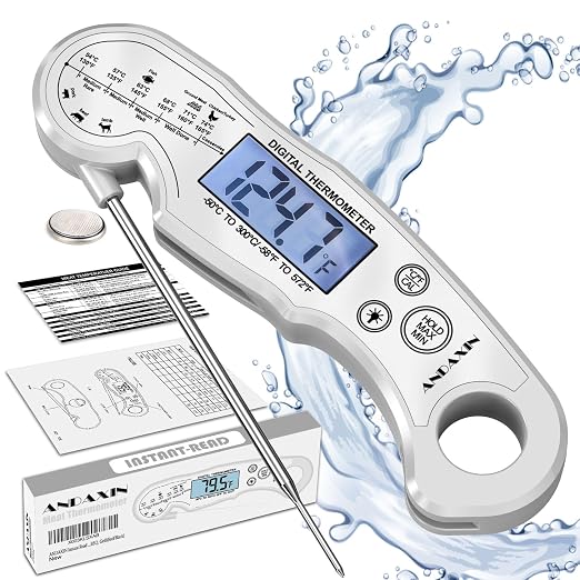 Meat Thermometer Digital - Fast Instant Read Food Thermometer for Cooking, Candy, Outside Grill, and Roast, Digital Food Thermometer with Backlight LCD & Calibration - Grey/Silver