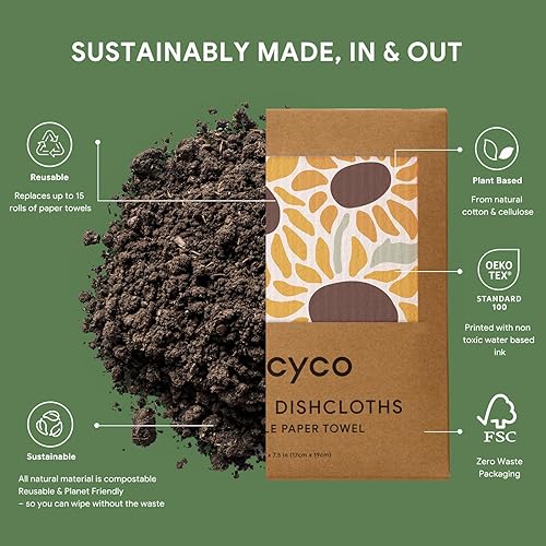 Miniatura 3 de RECYCO Paños de cocina suecos  Paquete de 6 trapos lavables de hojas de otoño  Toallas de papel de limpieza reutilizables de celulosa  Toallitas