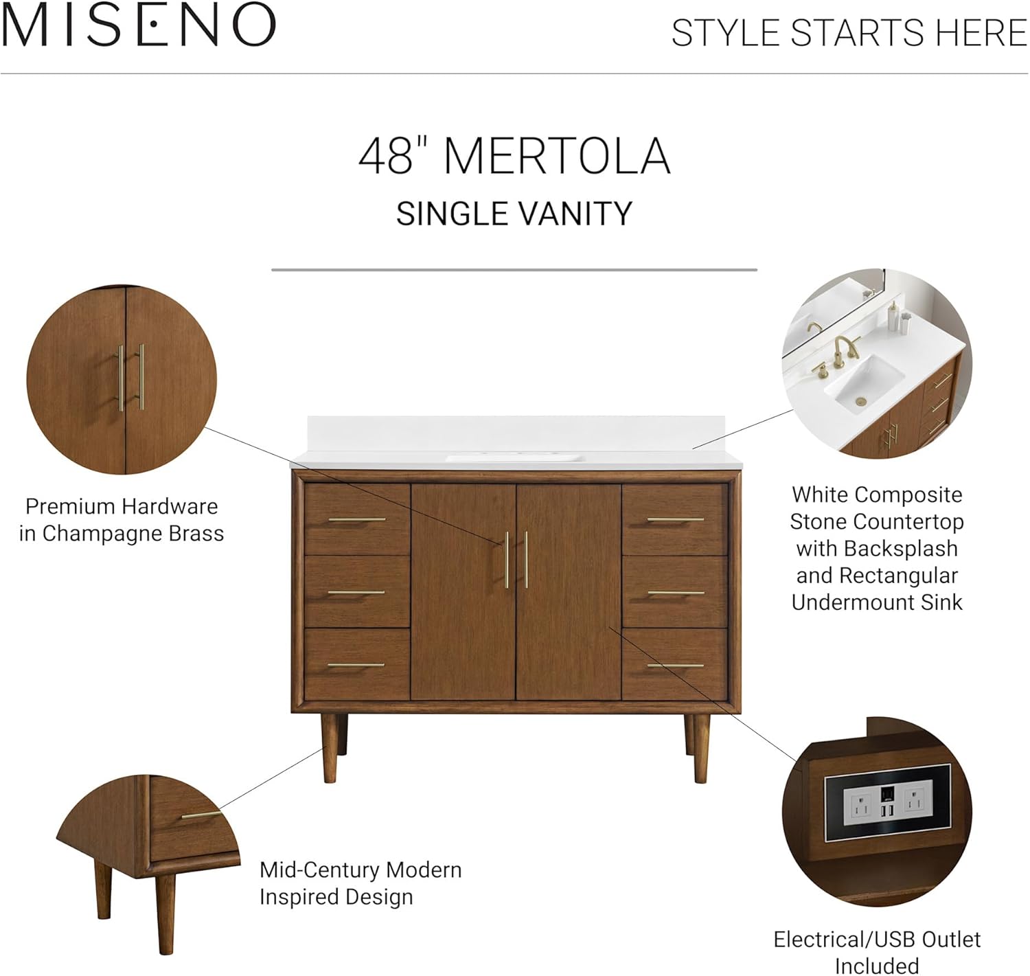 Miseno MV-N252-V48 Mertola 48" Free Standing Single Basin Vanity Set with Cabinet and Stone Composite Vanity Top - Walnut Drift