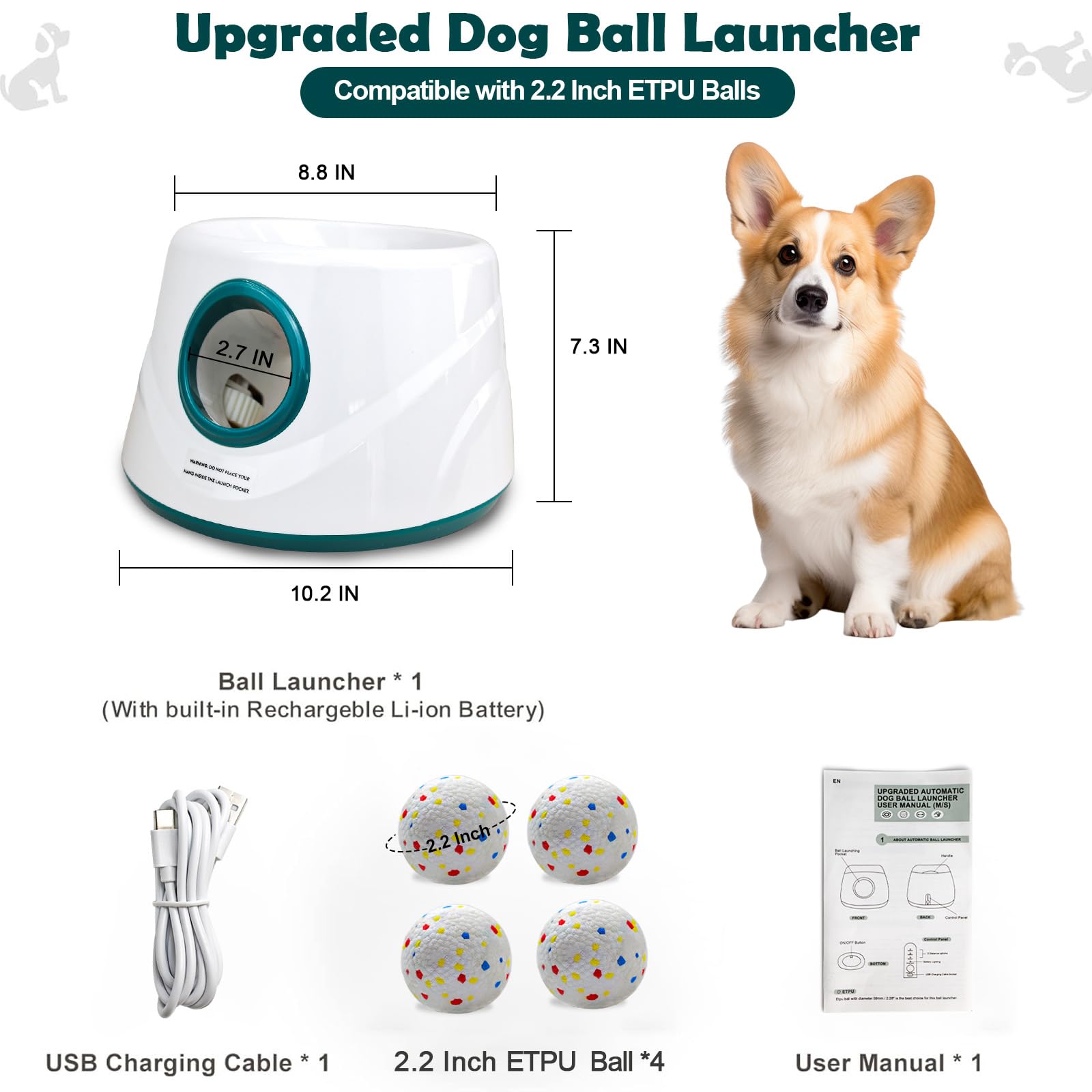 MEKAPLE Lanceur de balles automatique pour chien, lanceur de balles interactif amélioré pour chiens de petite et moyenne taille, distance réglable, jouets stimulants mentaux pour chien avec 4 balles
