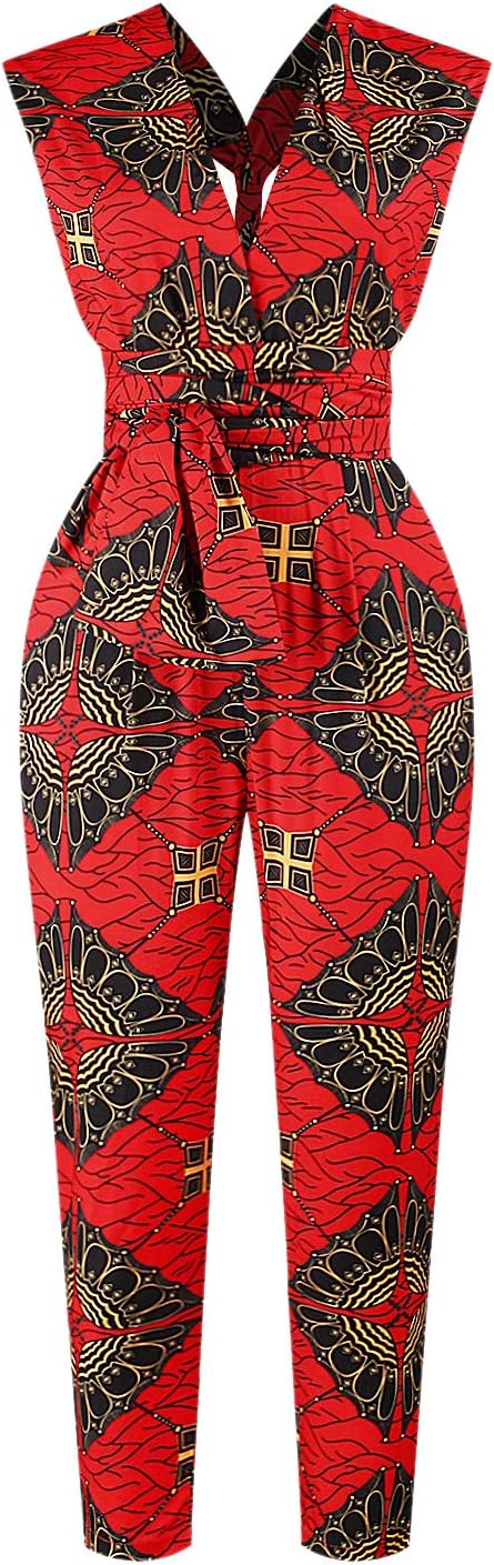 Vimoisa Women Sexy Boho African Jumpsuits Printing Rompers V-Neck Multi-Way Wide Leg Pants - Image 5
