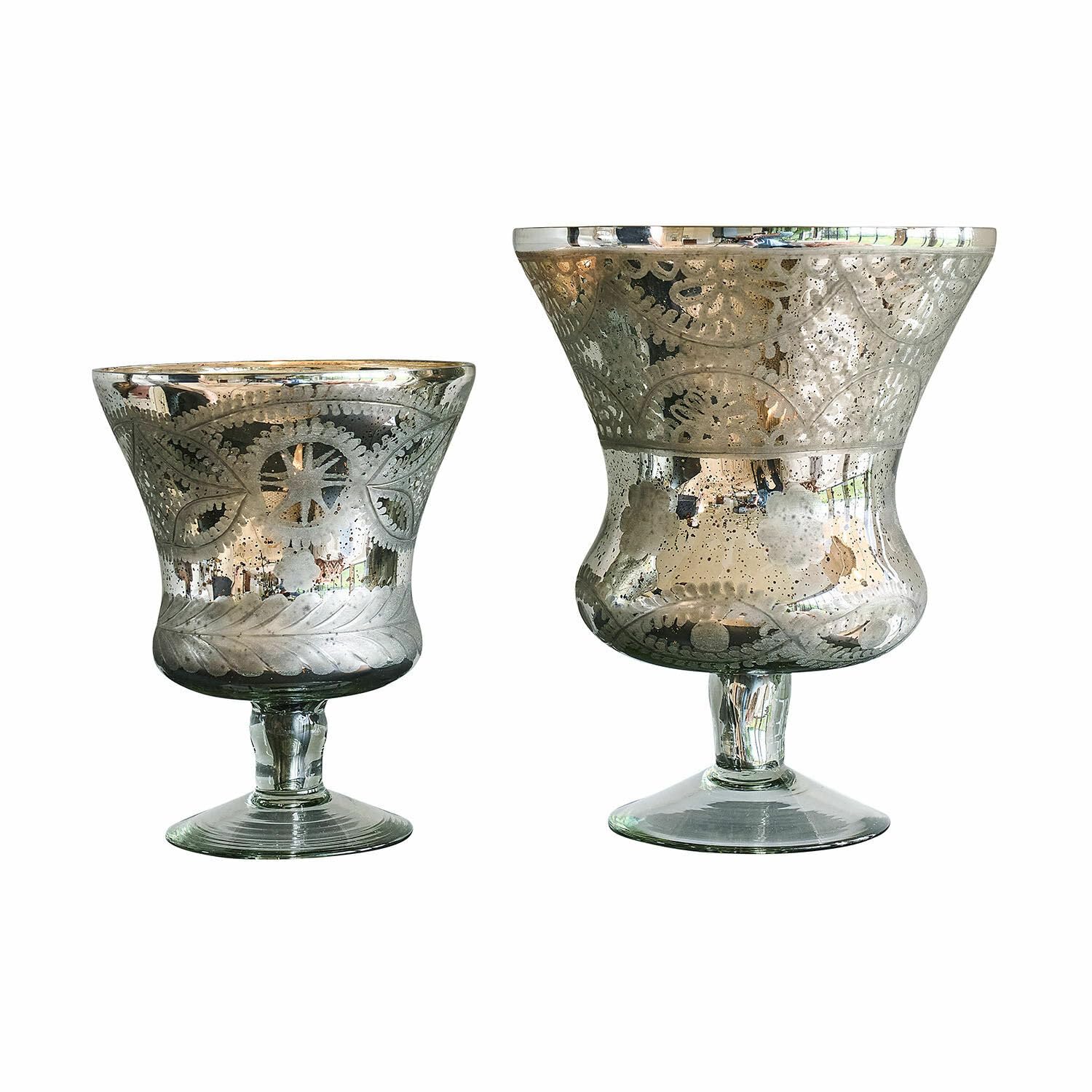 Loberon Windlicht 2er Set Zorayne, Silber/klar | Zwei Größen - Mundgeblasen - Bauernsilber-Finish - Nostalgischer Charme - Kerzenhalter - Dekoration - Glas