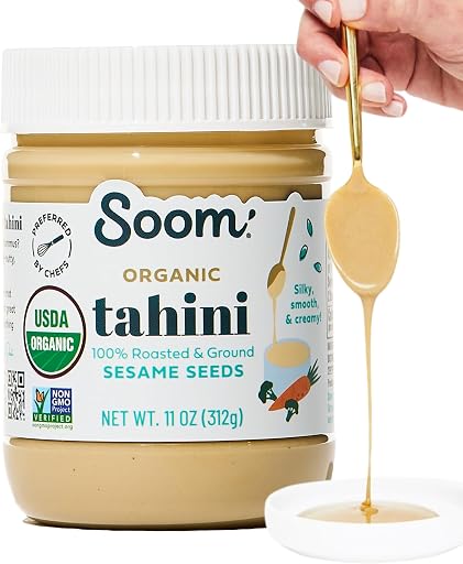 Soom Foods Organic Tahini, Creamy Sesame Paste, 11oz, 1 Pack | Silky-smooth, easy to mix organic sesame seed paste for hummus, dressings, sauces. Vegan, nut-free, kosher.