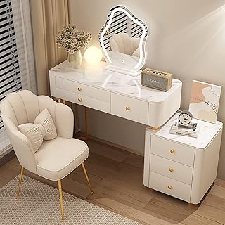 Mesa de maquillaje moderna con espejo LED, 6 cajones, taburete acolchado ajustable, iluminación de 3 colores, estación de tocador perfecta para niñas y mujeres (color: blanco)