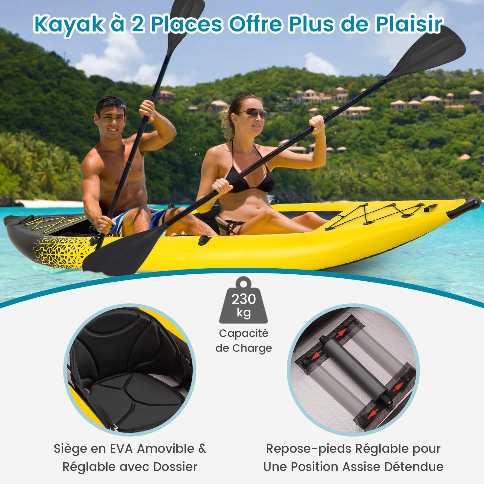 GYMAX Kayak Gonflable pour 2 Personnes, 2 Pagaies en Aluminium, Pompe à Main, 2 Ailerons, Sièges Rembourrés, Repose-Pieds Réglables, Capacité 230 Kg