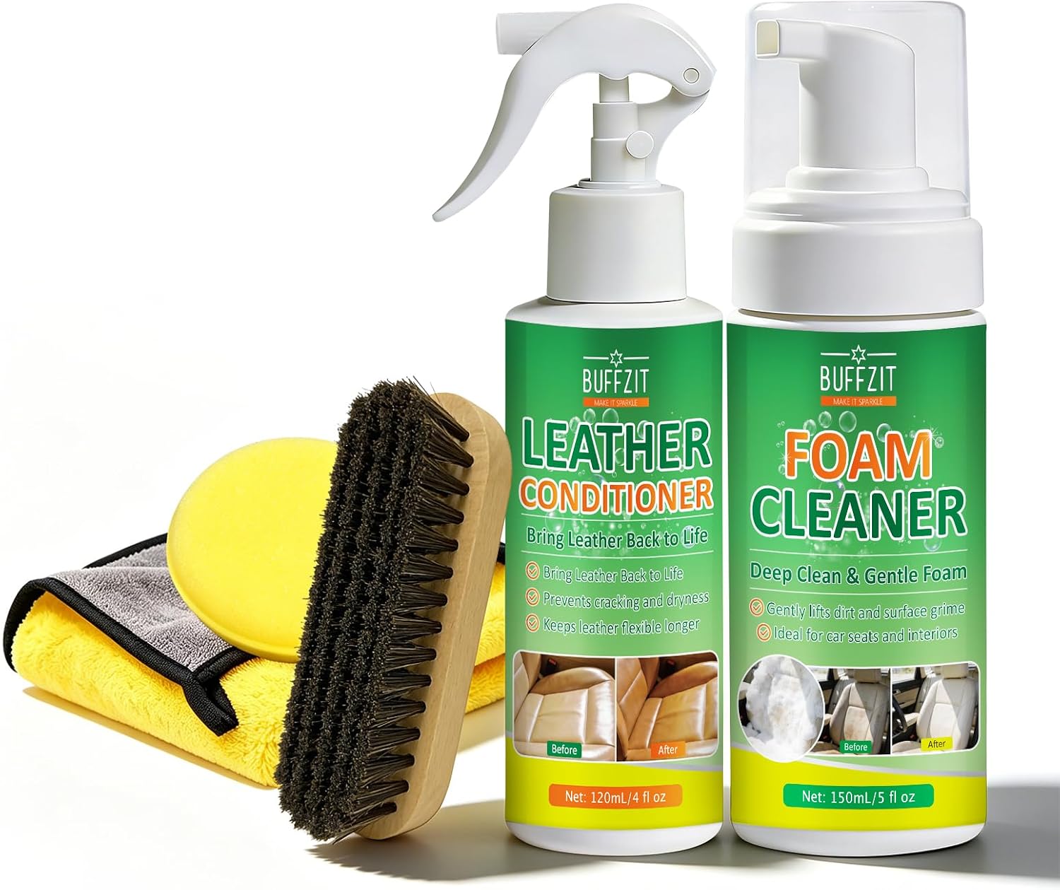 Leather Cleaner and Conditioner Kit, Foam Cleaner & Faux Leather Conditioner, Leather Car Cleaner Set with Brush for Car Interior Cleaner, Furniture, Leather Couch, Shoes & Boots, 5 Piece