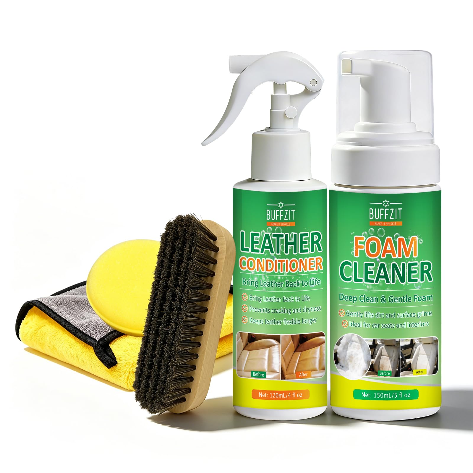 Leather Cleaner and Conditioner Kit, Foam Cleaner &amp; Faux Leather Conditioner, Leather Car Cleaner Set with Brush for Car Interior Cleaner, Furniture, Leather Couch, Shoes &amp; Boots, 5 Piece