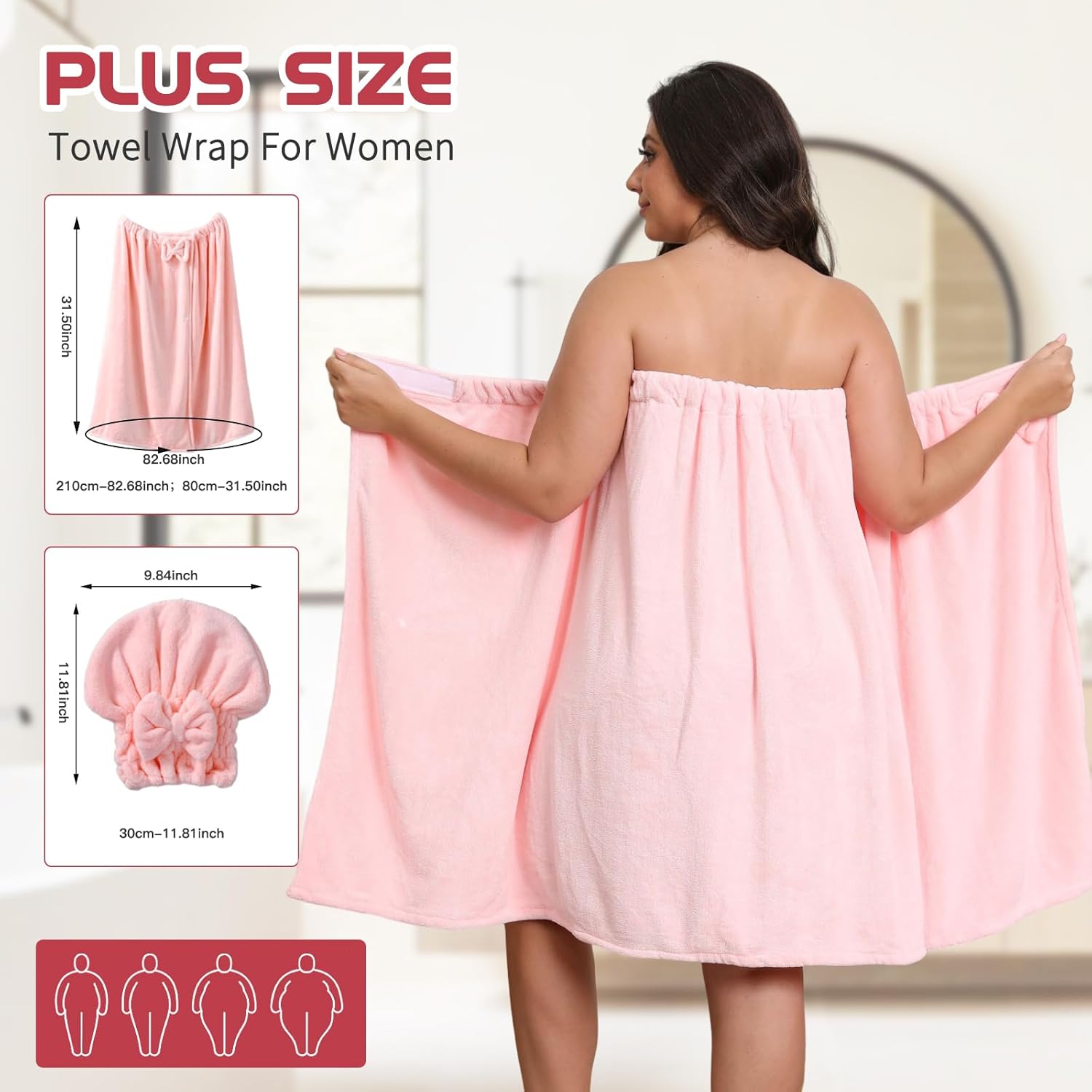 Towel Wrap with Hair Towel for Women (XXL-XXXXL), Oversize Bath Towel Wrap, Large Shower Wrap Spa Bathrobe, Hair Quick Drying Towel and Adjustable Body Wrap, 82.68x31.5'', Pink - Image 2