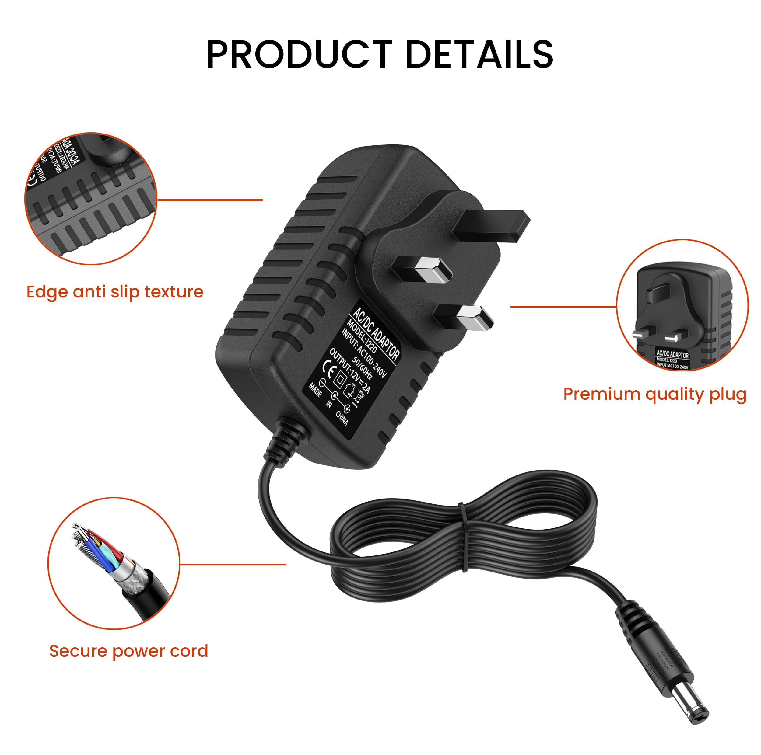 12V 2A Power Supply for LED Strip Lights, 100-240V AC to DC 12V Converter Adapter Driver Transformer, 24W UK Plug with 1.5M Cable, 5.5mm x 2.1mm Jack — view 3
