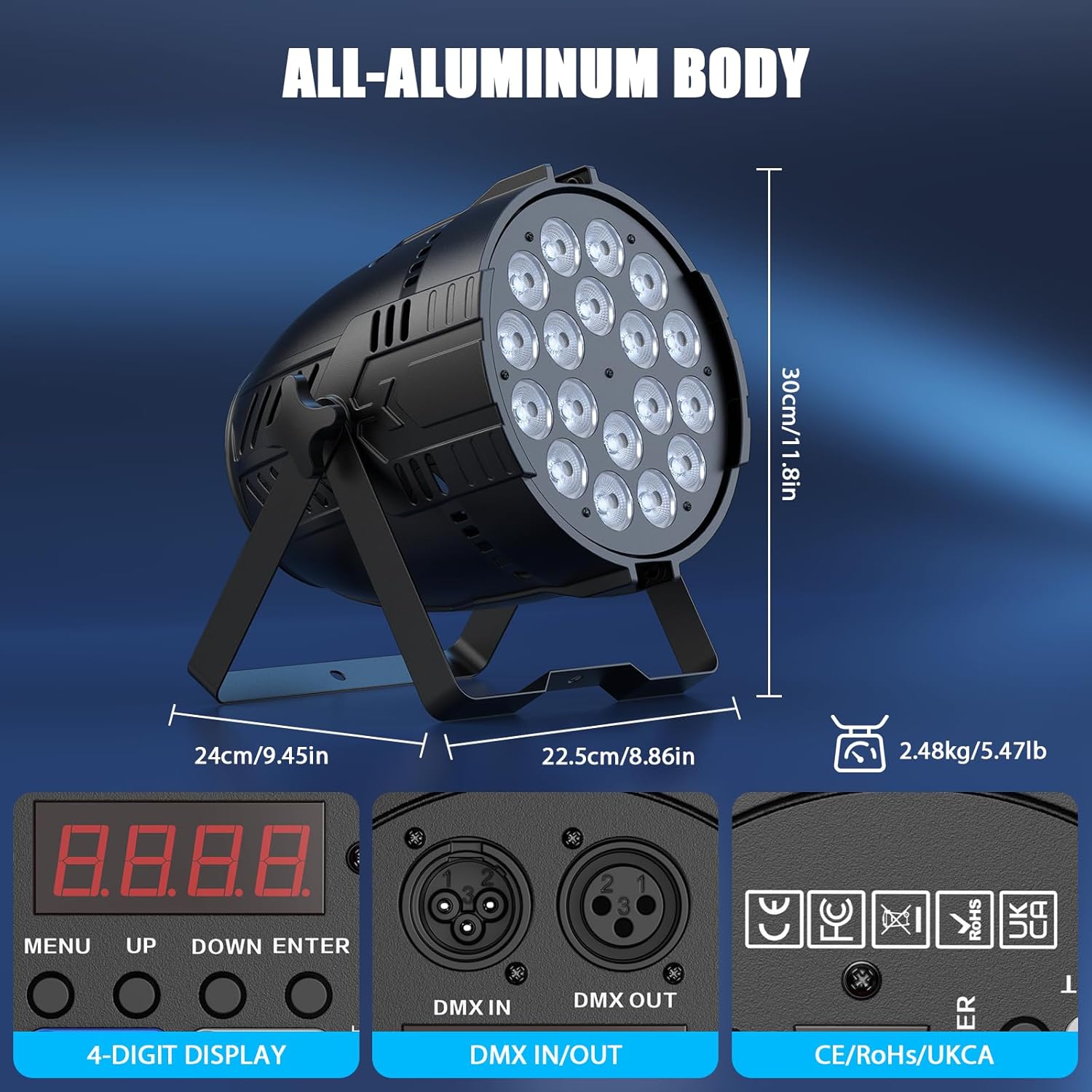 200W Stage Lights, RGBWAL 6IN1 Par Lights, Professional 18 LED DMX512 Sound-Activated Controlled LED Par Can, 6/10CH Uplights for Theater Studio Concert Stage DJ Party
