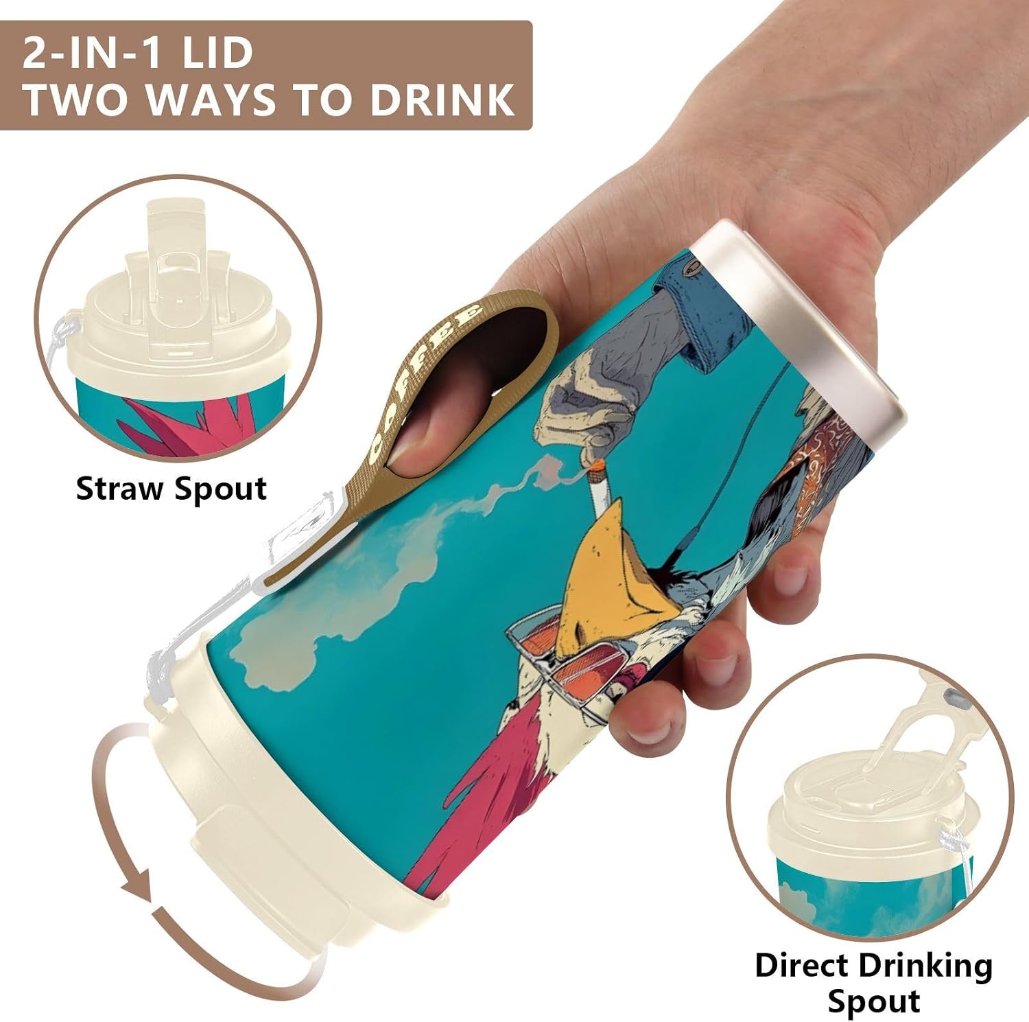 Insulated Coffee Mug Rooster Funny Headphone with Straw & Flip Lid, 16.9oz Iced Tumbler Cup, Double Wall Vacuum Mug for Travel Office Camping