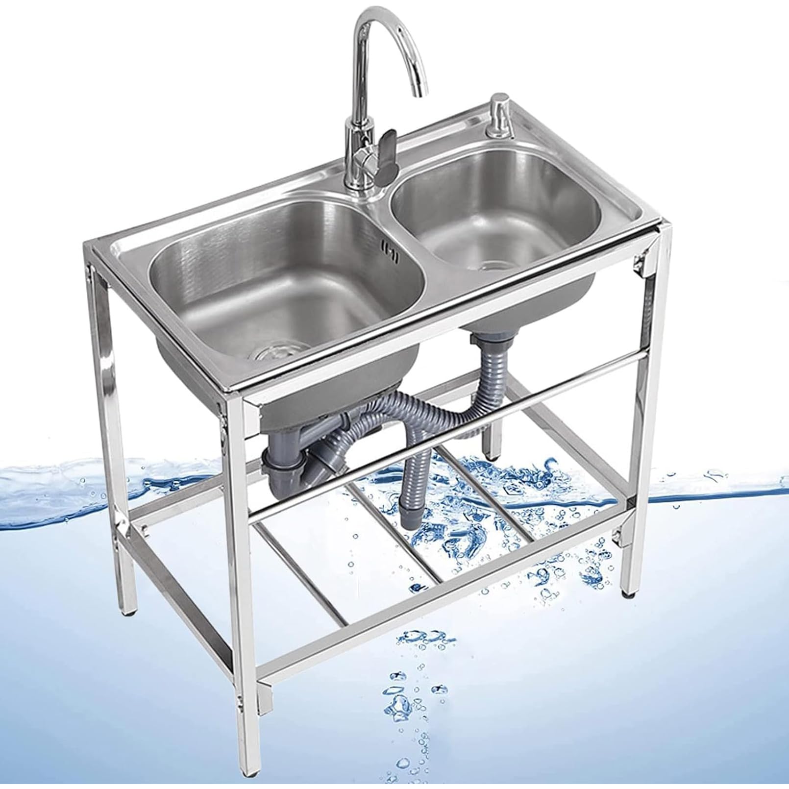 LMYSXAOZ 2 Compartment Commercial Kitchen Sink, Free Standing Double Bowl Utility Sink Stainless Steel for Garage, Restaurant, Kitchen, Laundry Room