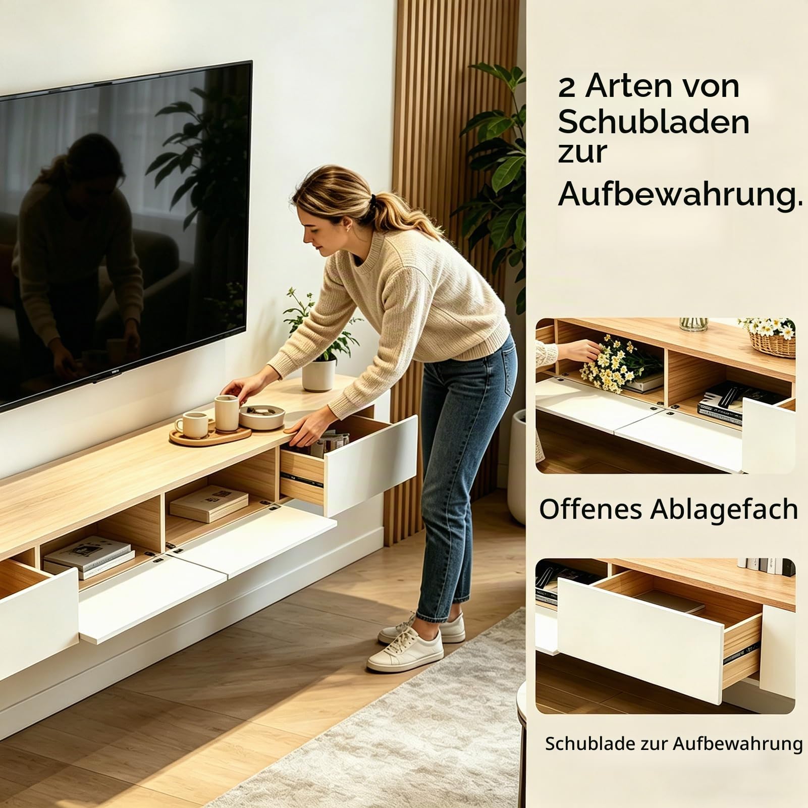 TV Schrank Hängend 160cm, Schwebende TV Lowboard mit 2 Schubladen 1 Klapptüren, Fernsehschrank mit Kabelmanagement für Wohnzimmer und Esszimmer, Bereits montiert