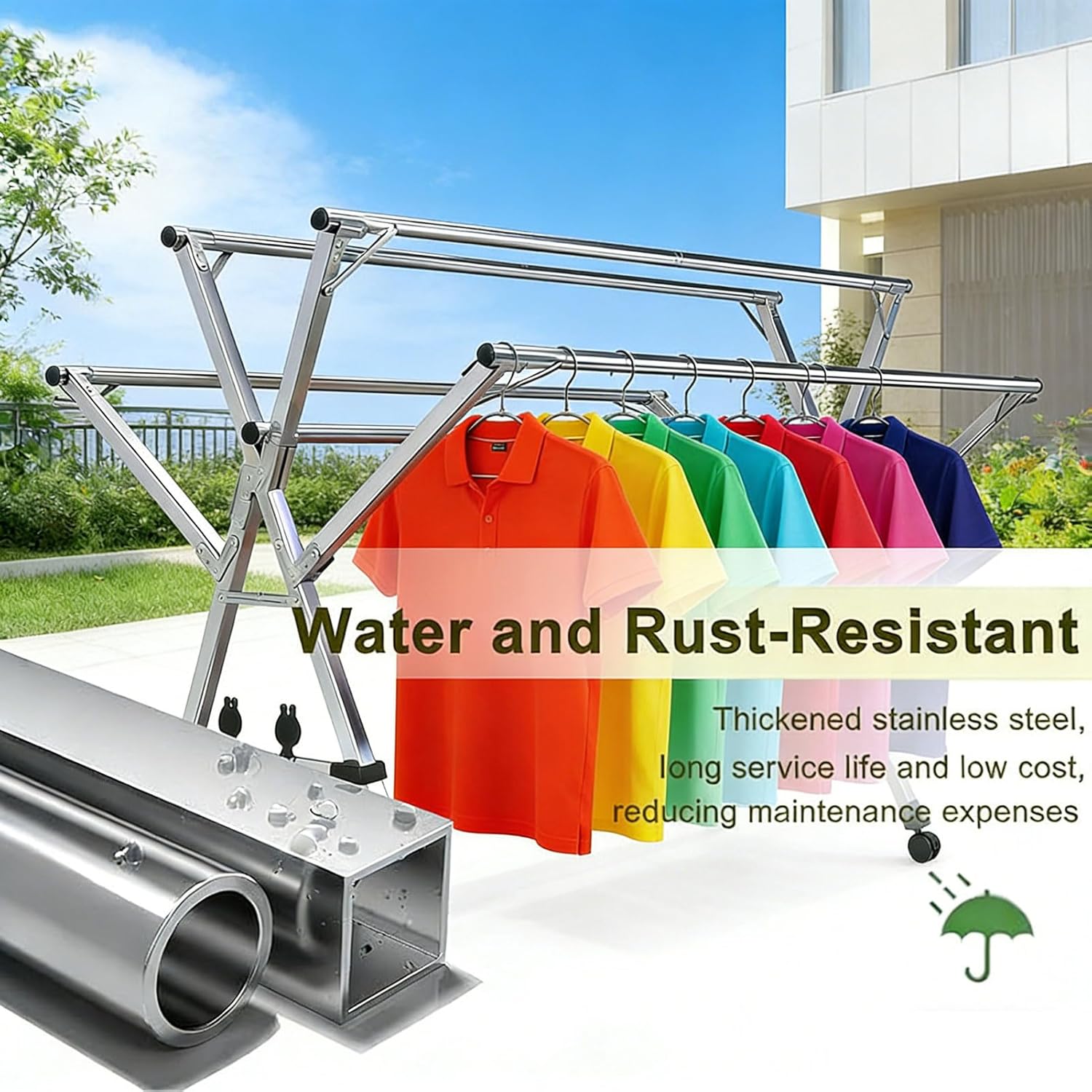 HUHJYUGE Retractable 5 Poles Clothes Drying Rack, Heavy Duty Stainless Steel Foldable Outdoor Laundry Rack with Wheels, Portable Garment Drying Stand for Balcony (200cm/78.7inch)