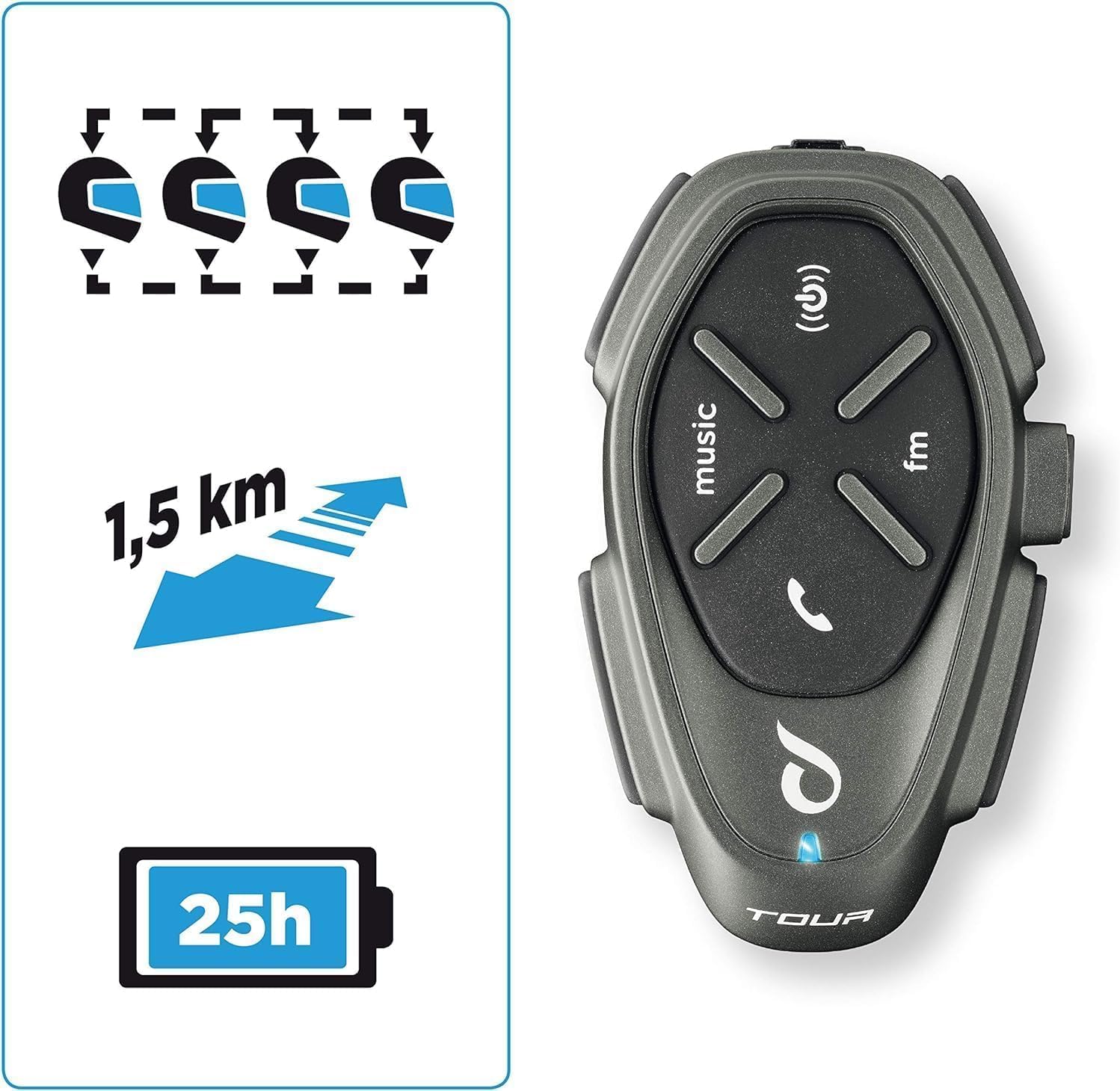 Interphone Tour features: 4 riders, 1.5 km range, 25-hour battery