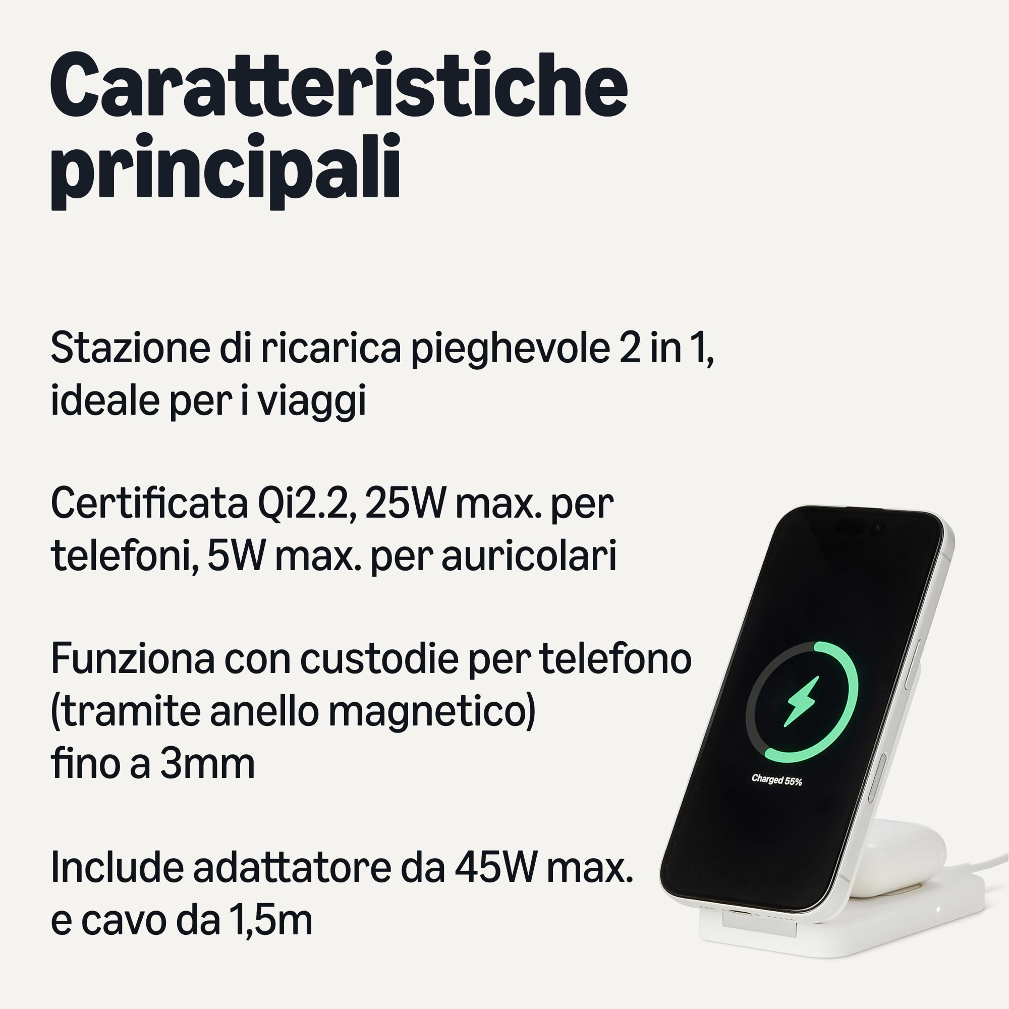 Amazon Basics - Stazione Ricarica Wireless 2in1 Certificata Qi2.2 Compatibile MagSafe, Ricarica Rapida 25W Max Supporto Pieghevole per iPhone 17/16/15/14/13/12, AirPods con Adattatore 45W Max Bianco