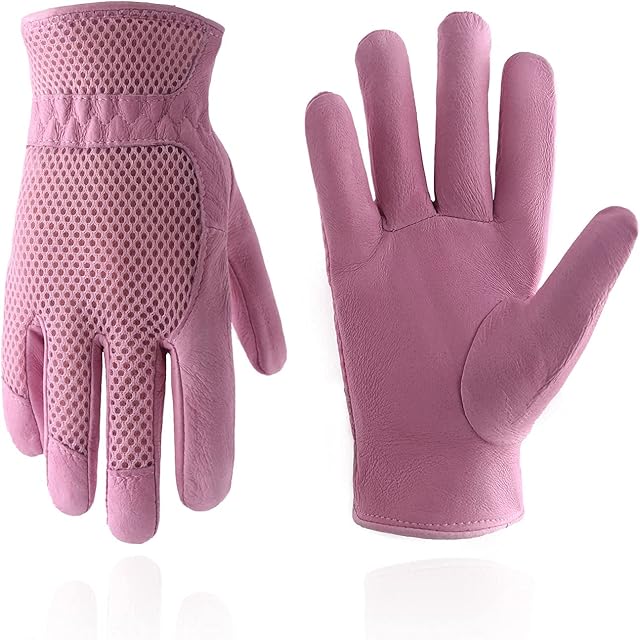 Leather Gardening Gloves for Women, 3D Mesh Comfort Fit- Improves Dexterity and Breathability, Pigskin Scratch Resistance Garden Working Gloves for Vegetable or Pruning RosesLarge, Pink)
