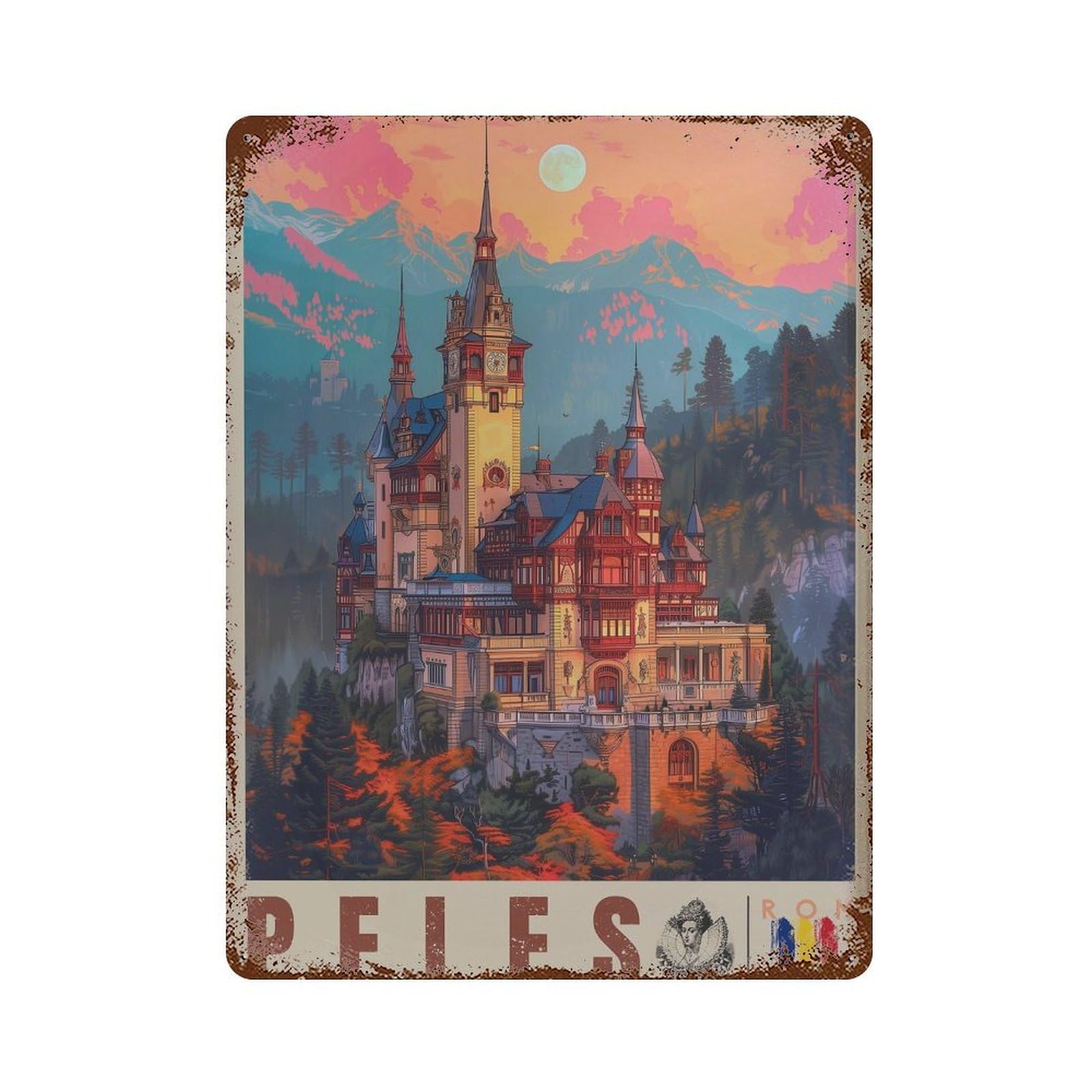 xiaoxiaoshen Peles Castle Travel Romania Mountain Wall Decor Art Metal Tin Poster Modern Home Decor Art Home Bar Shop Decorations Vintage Sign 40x30cm