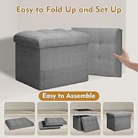 Vista 6 de Otomana de almacenamiento con asiento acolchado de espuma extragruesa, taburete reposapiés plegable con tela de lino, otomana de 43 L con banco