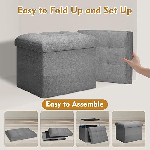 Miniatura 6 de Otomana de almacenamiento con asiento acolchado de espuma extragruesa, taburete reposapiés plegable con tela de lino, otomana de 43 L con banco de