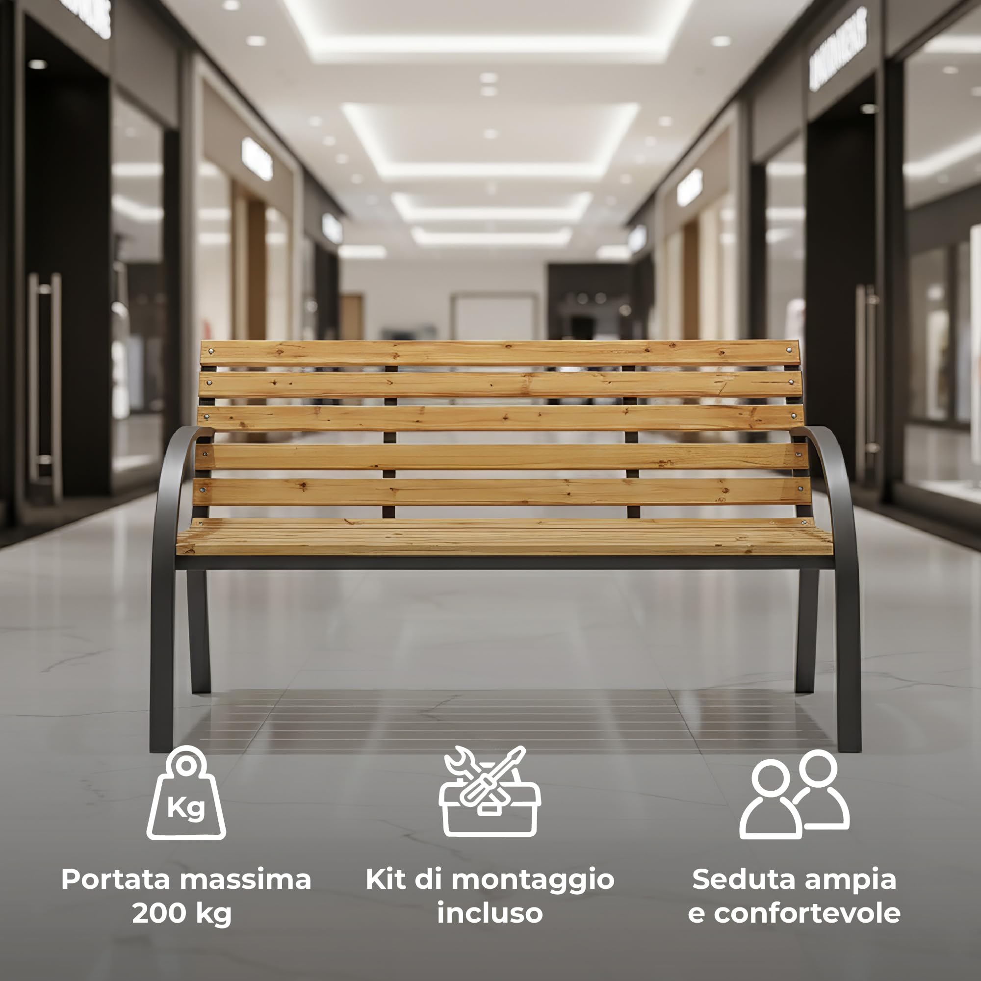 IlGruppone Panchina da Giardino 2 Posti in Legno e Acciaio 120 cm con Braccioli – Panca da Esterno per Terrazzo, Balcone e Giardino – Design Resistente e Comfort Naturale