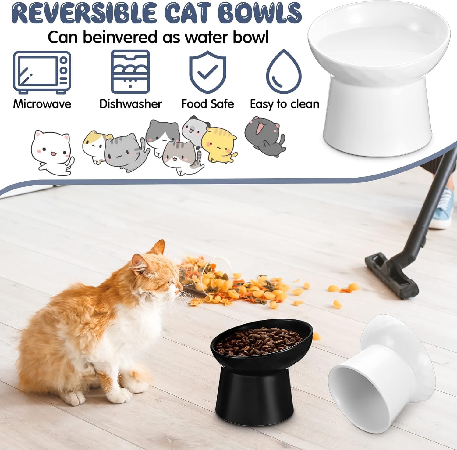 Set di ciotole per animali domestici, in ceramica, doppie ciotole con protezione antiscivolo per il collo e supporto rimovibile in acciaio inox per cani e gatti