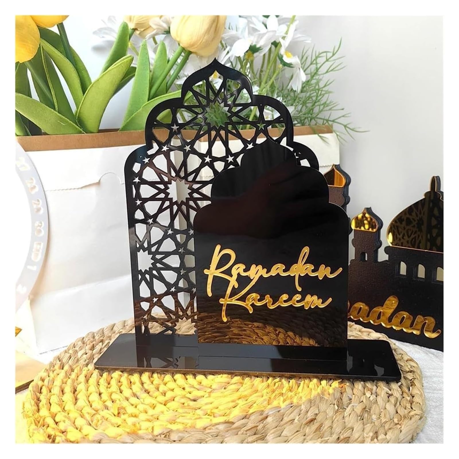 Ptrecniok Ramadan Decorations For Home Table， Ramadan Muslim Desktop Ornament Crescent Castle Acrylic Decorations for Table Sign