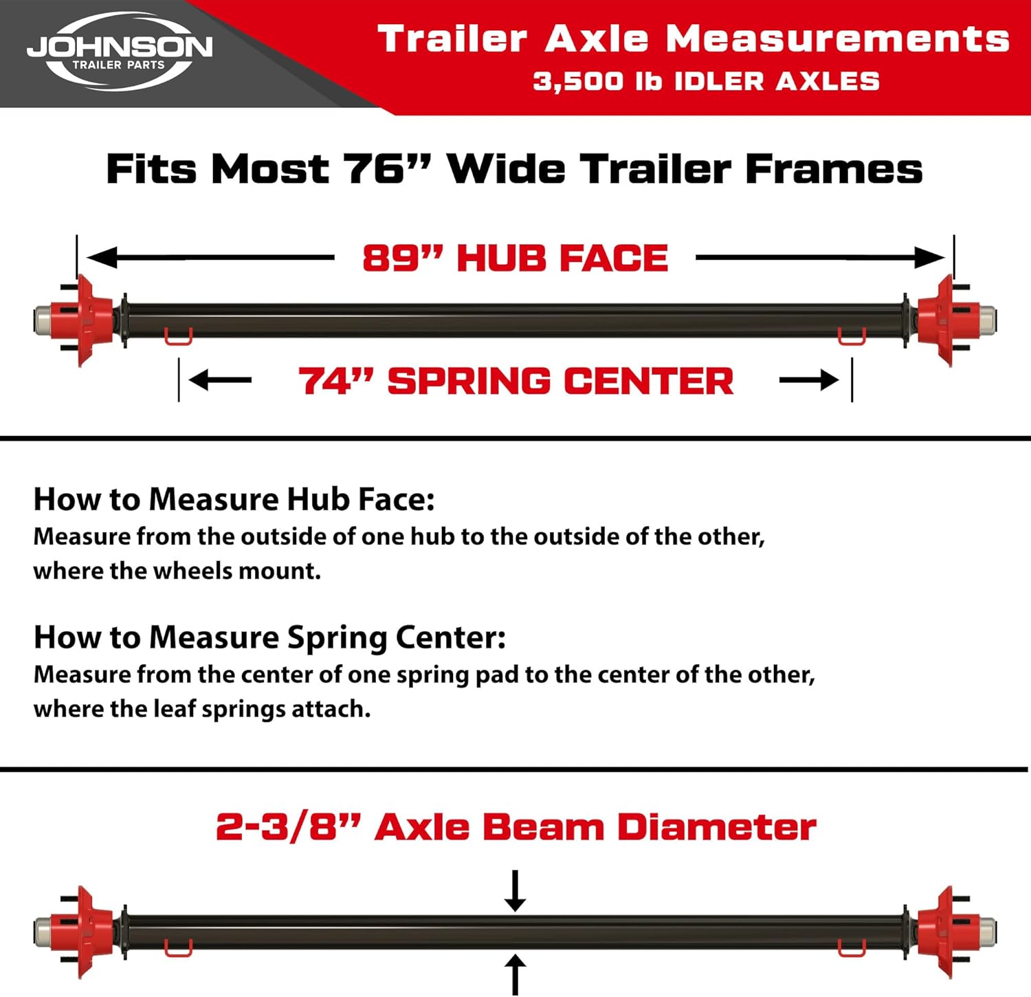 Rockwell American 3,500 lb Idler Trailer Axle Kit – Suspension Running Gear Kit – 89” Hub Face / 74” Spring Center – 5 on 4.5 Bolt Pattern