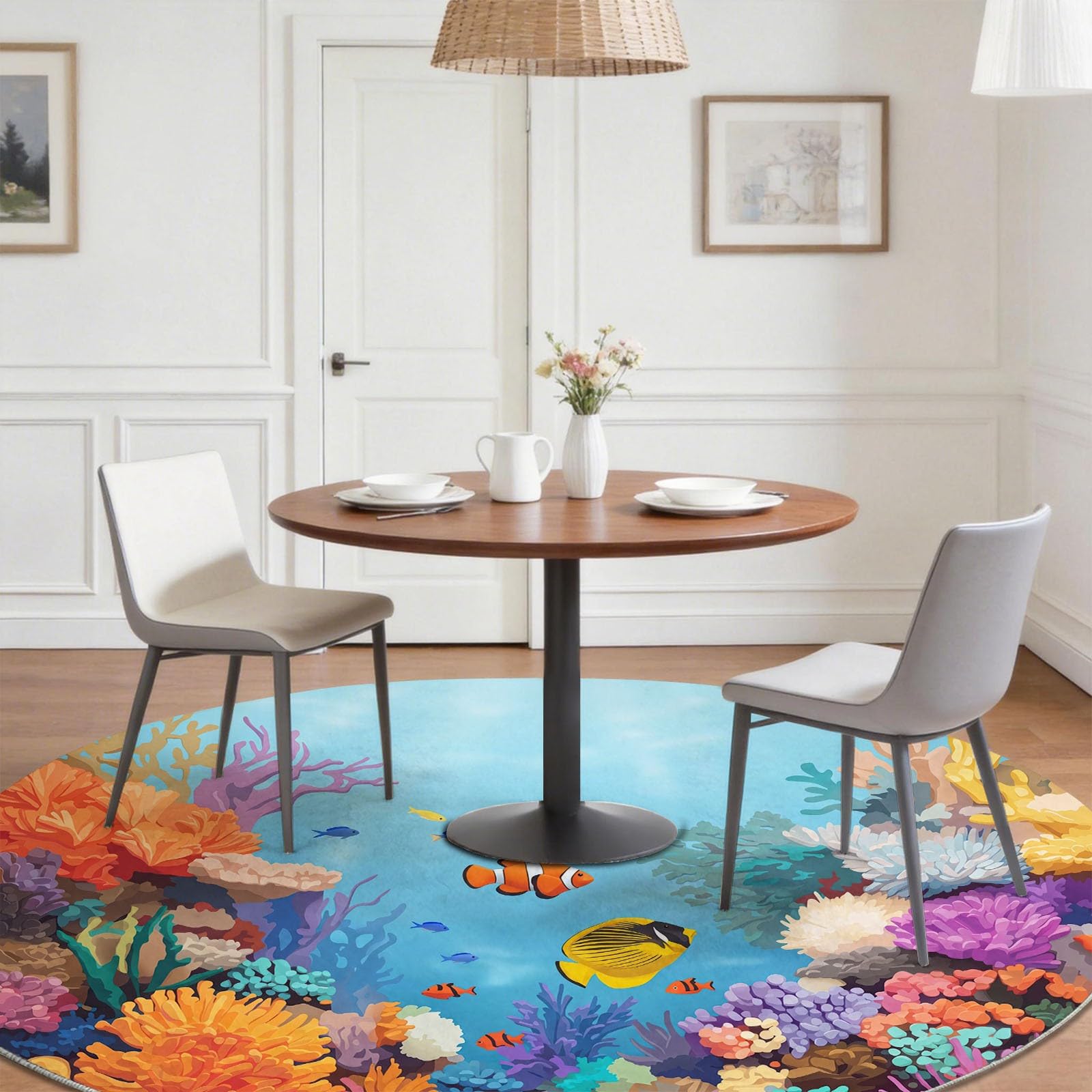 Générique Animal Poisson Corail Tapis Rond Enfant 180 cm, Lavable & Antidérapant, Bleu Féerique Marin Paysage Tapis de Jeux Doux pour Chambre Bébé & Nurserie