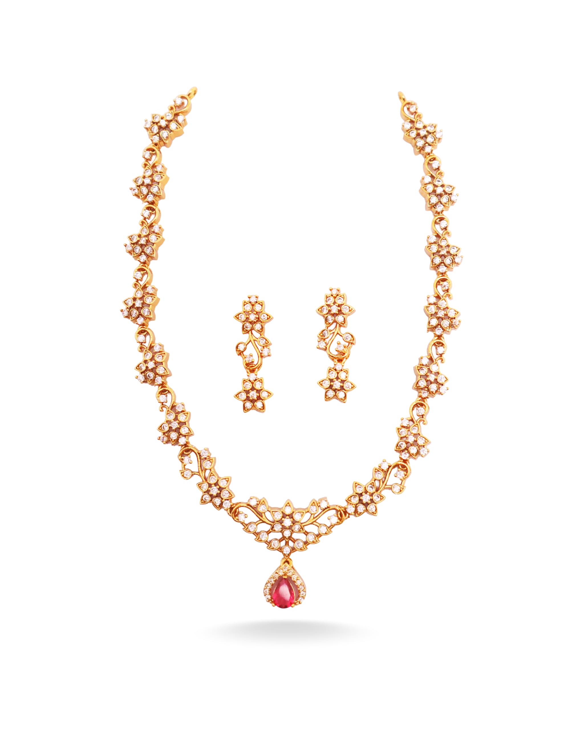 Premium Gold Plated American Diamond (AD) Necklace and Earrings Jewellery Set for Women-image-44