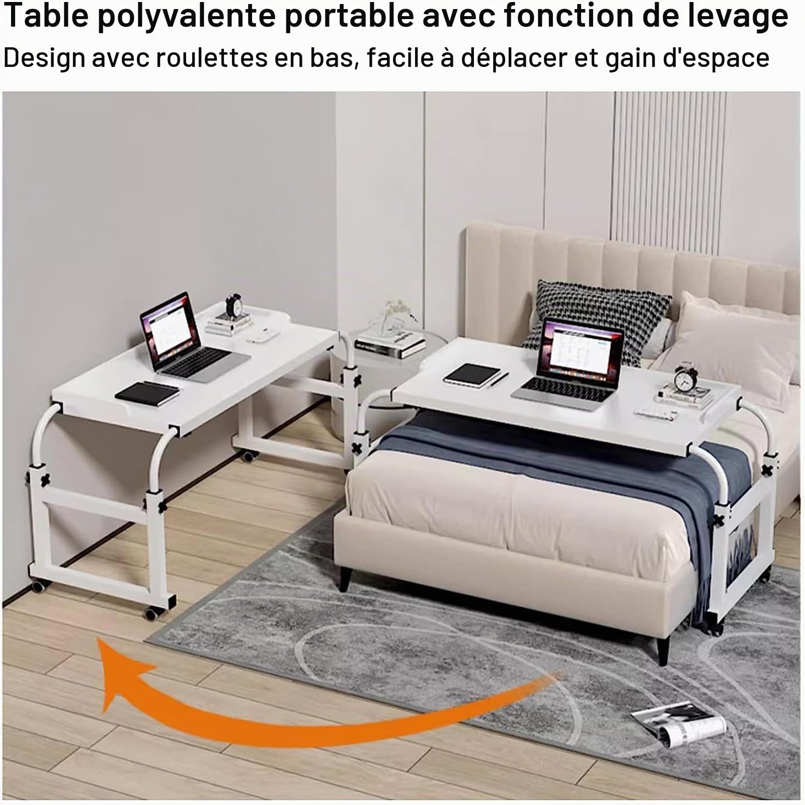 Bureau Informatique Gaming avec Roulettes - Table de Lit Canapé pour Ordinateur Portable, Hauteur Réglable (Noir)