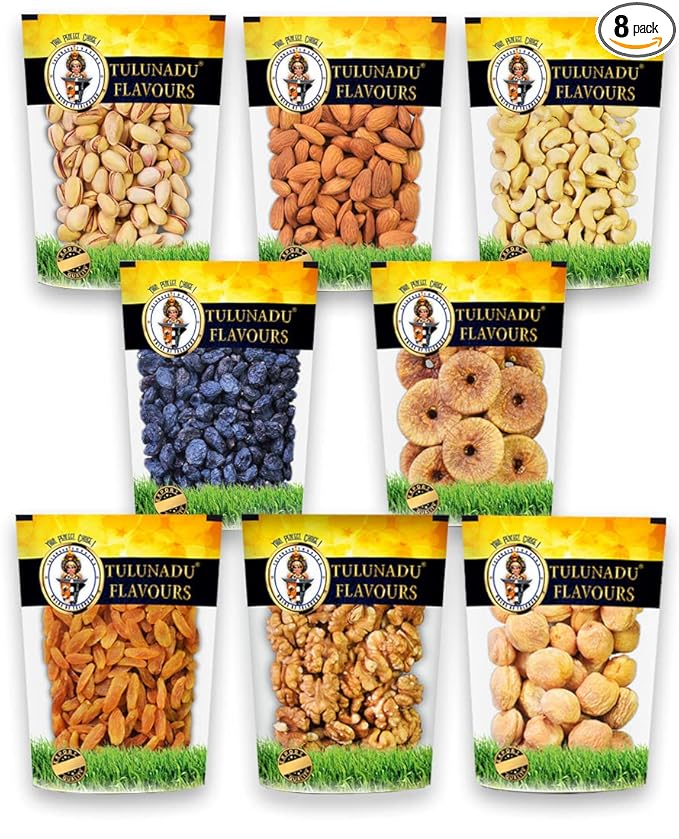 Tulunadu Flavours Dry Fruits Combo Pack 800gms – Cashew Nut, Black Raisins, Golden Raisins, Almonds, Pista, Walnut, Afghani Apricot, Anjeer at Rs. 965